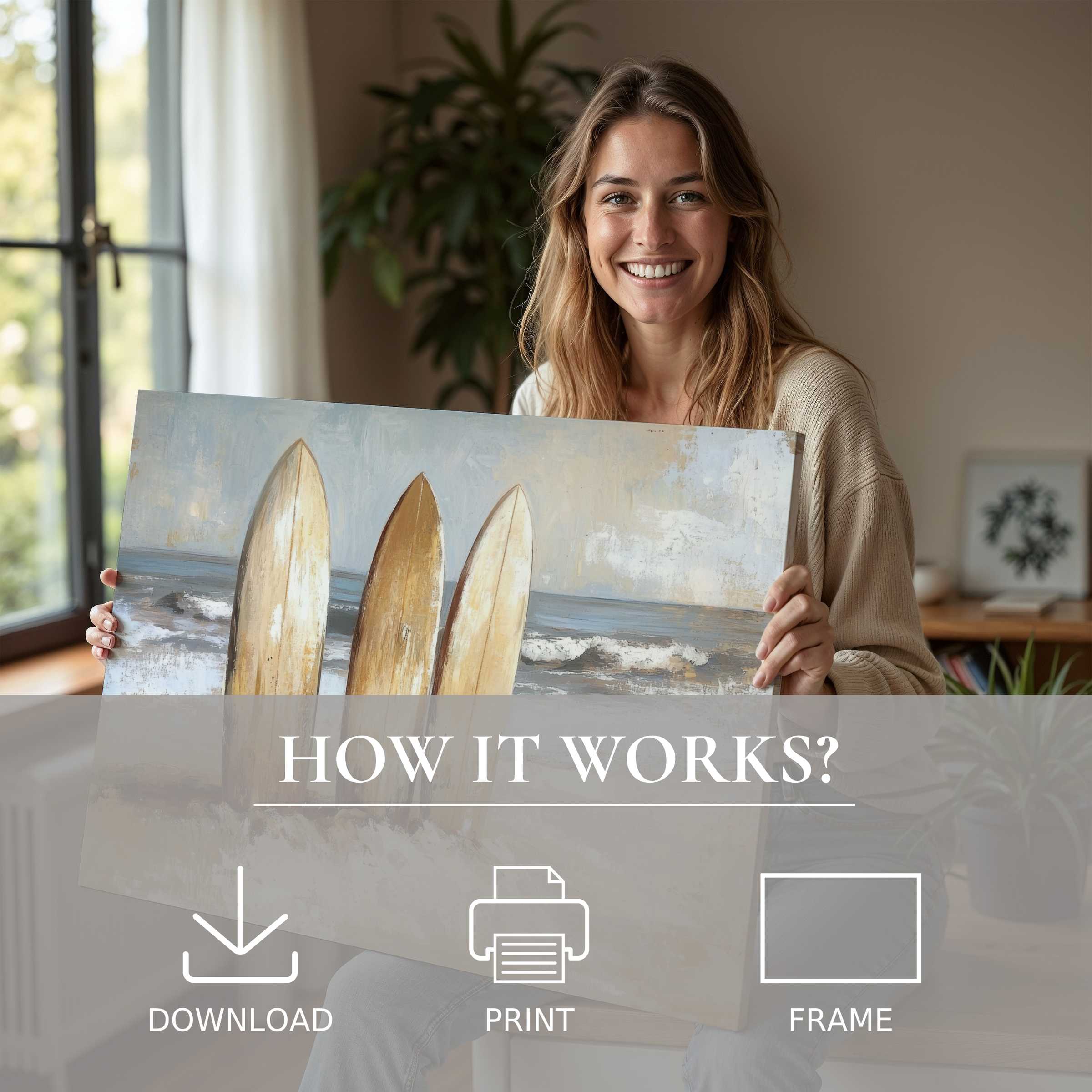 Refined beach digital art print capturing serene coastal hues, inspiring joyful connection and effortless elegance in modern living