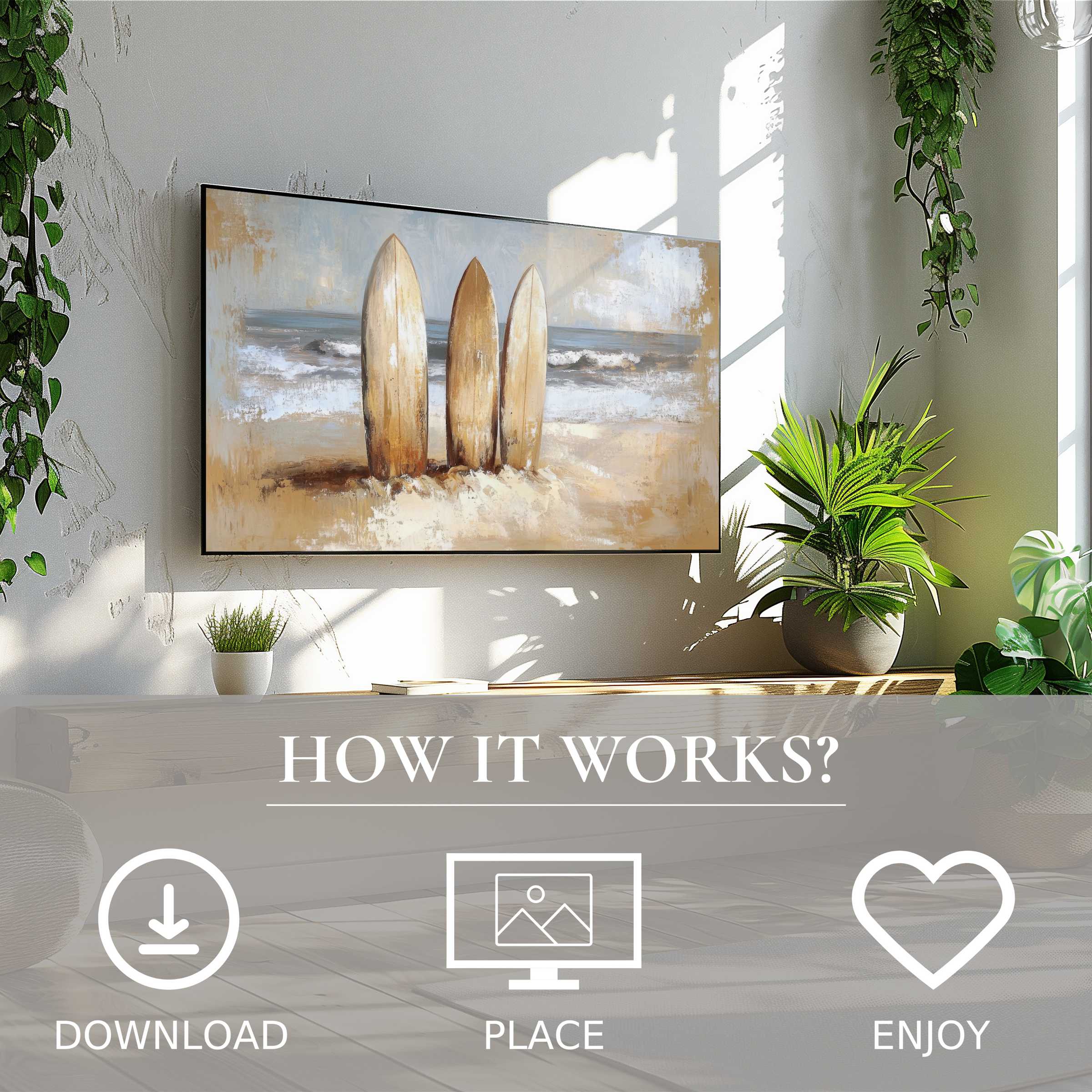 Beach art for Samsung TV showing soft sandy tones and waves; easy digital download enriches modern living spaces
