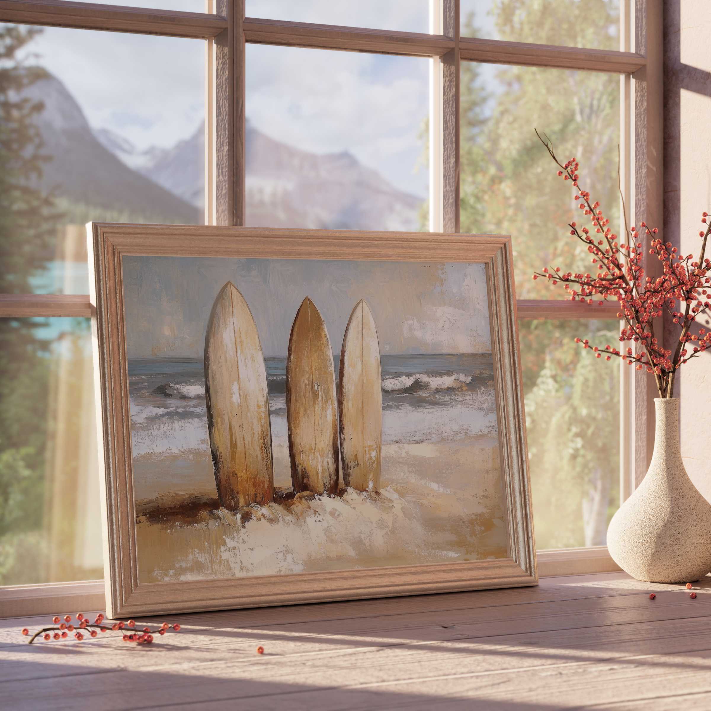 Beach downloadable art featuring trio of vintage surfboards embraced by gentle waves, evoking calm coastal charm for curated interiors