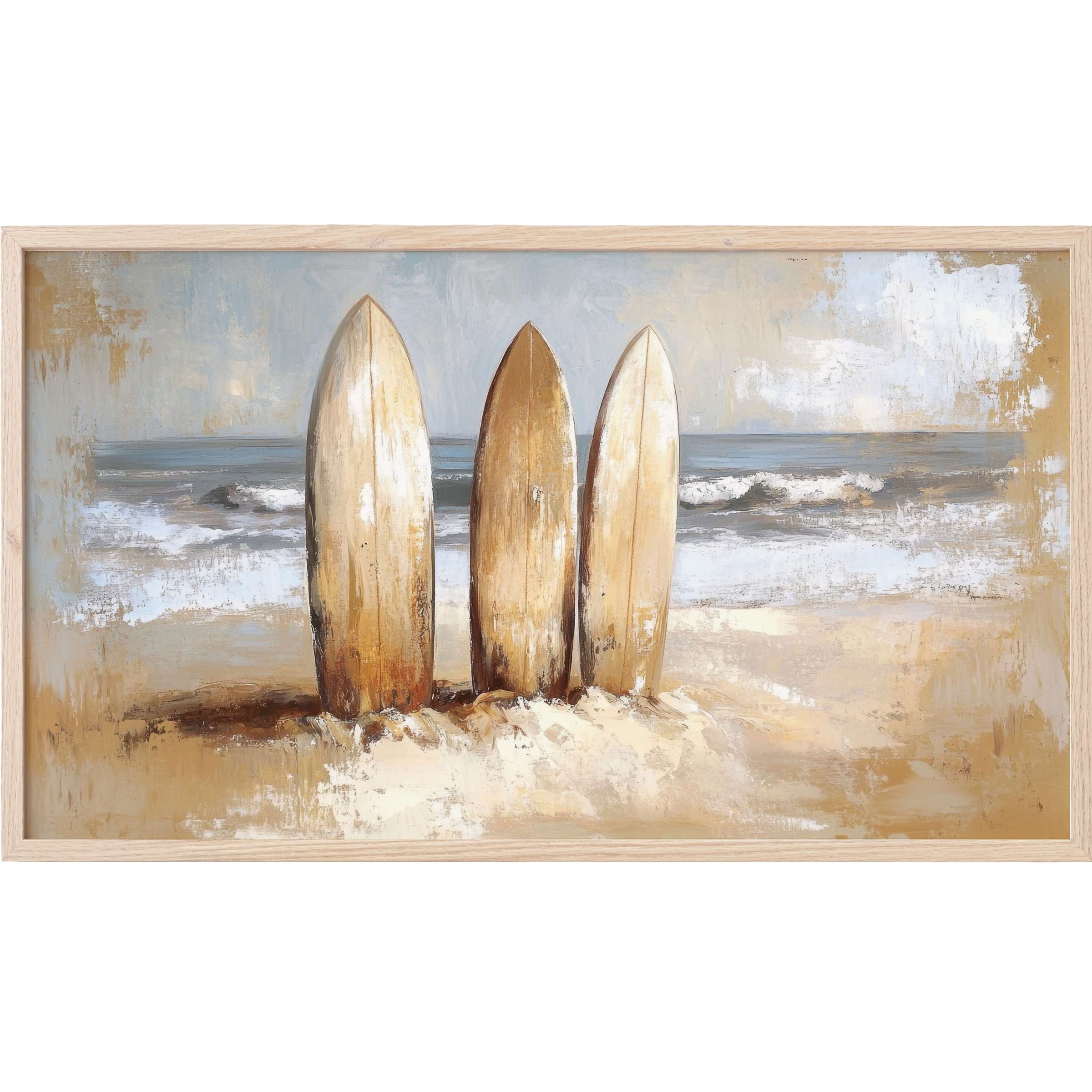 Three vintage surfboards on sandy beach with muted blues, beiges, and whites, elegant beach Frame TV Art
