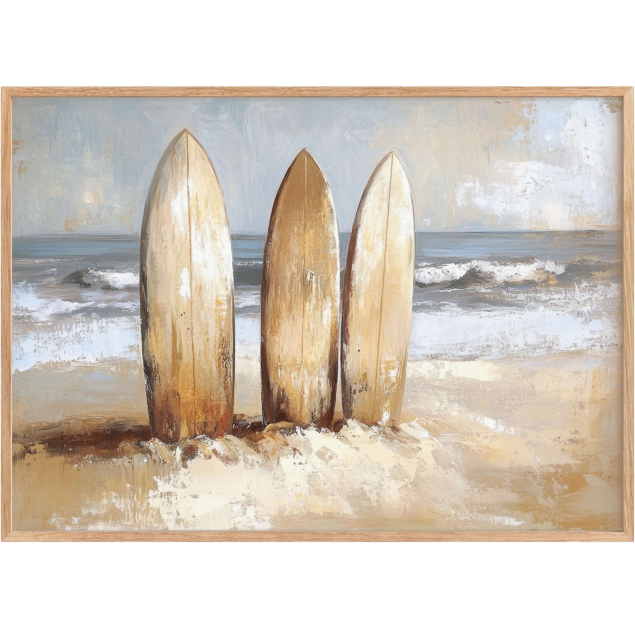 Weathered surfboards anchored in soft sand evoke serene coastal escape, blending warm neutrals and ocean blues in beach printable wall art