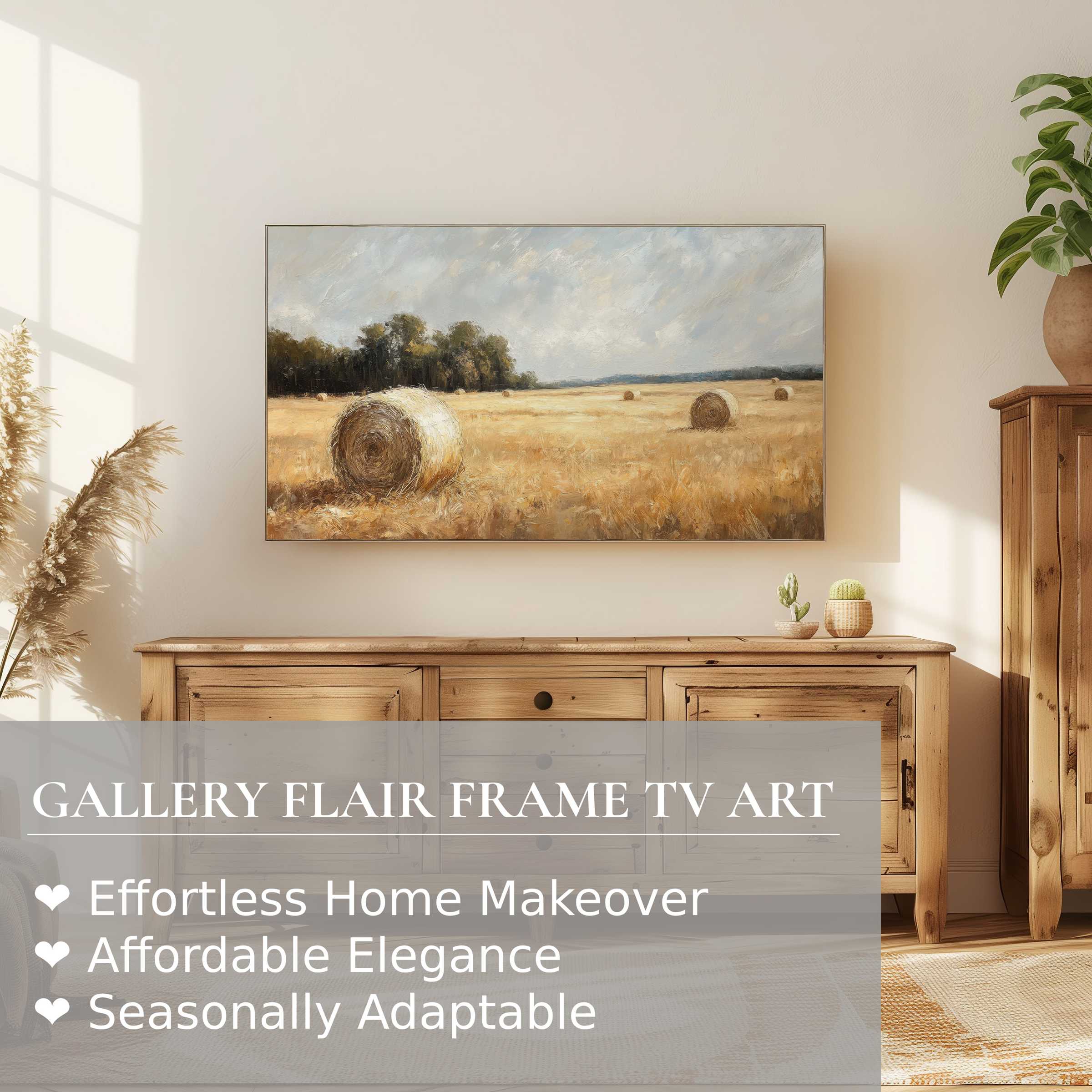 Samsung Frame TV displays refined landscape digital artwork of golden hay bales, enhancing elegant modern decor