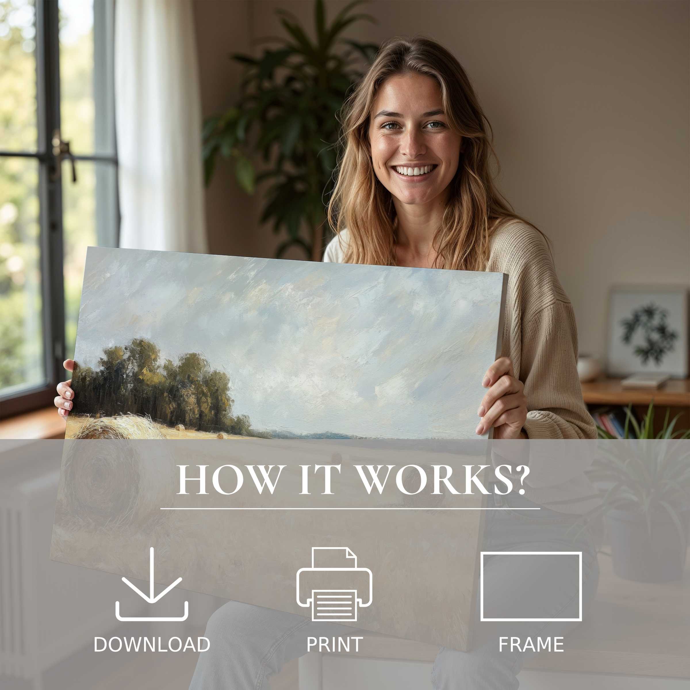 A serene moment of joy in a modern home, embracing the effortless beauty of a landscape digital art print