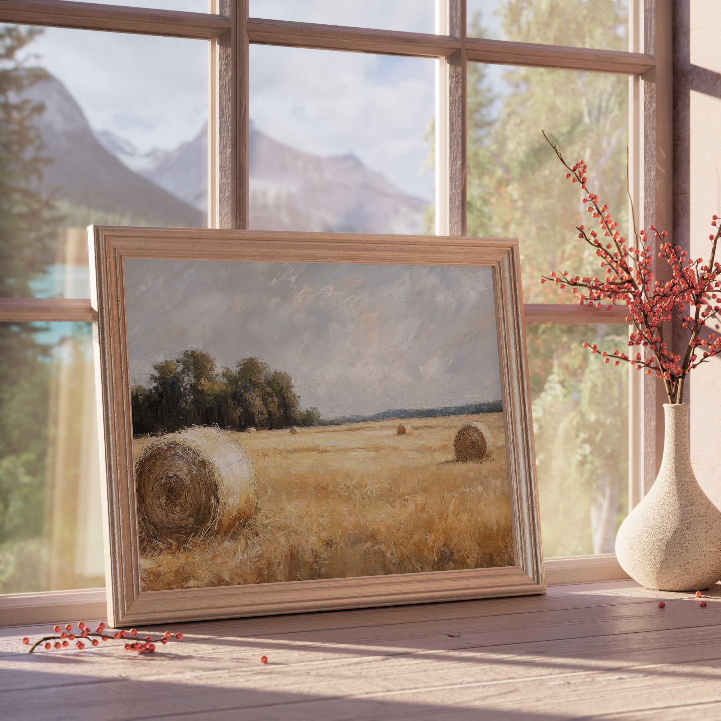 Golden hay bales in a serene wheat field, a landscape downloadable art piece that elevates tranquil, curated interiors with warm, timeless charm