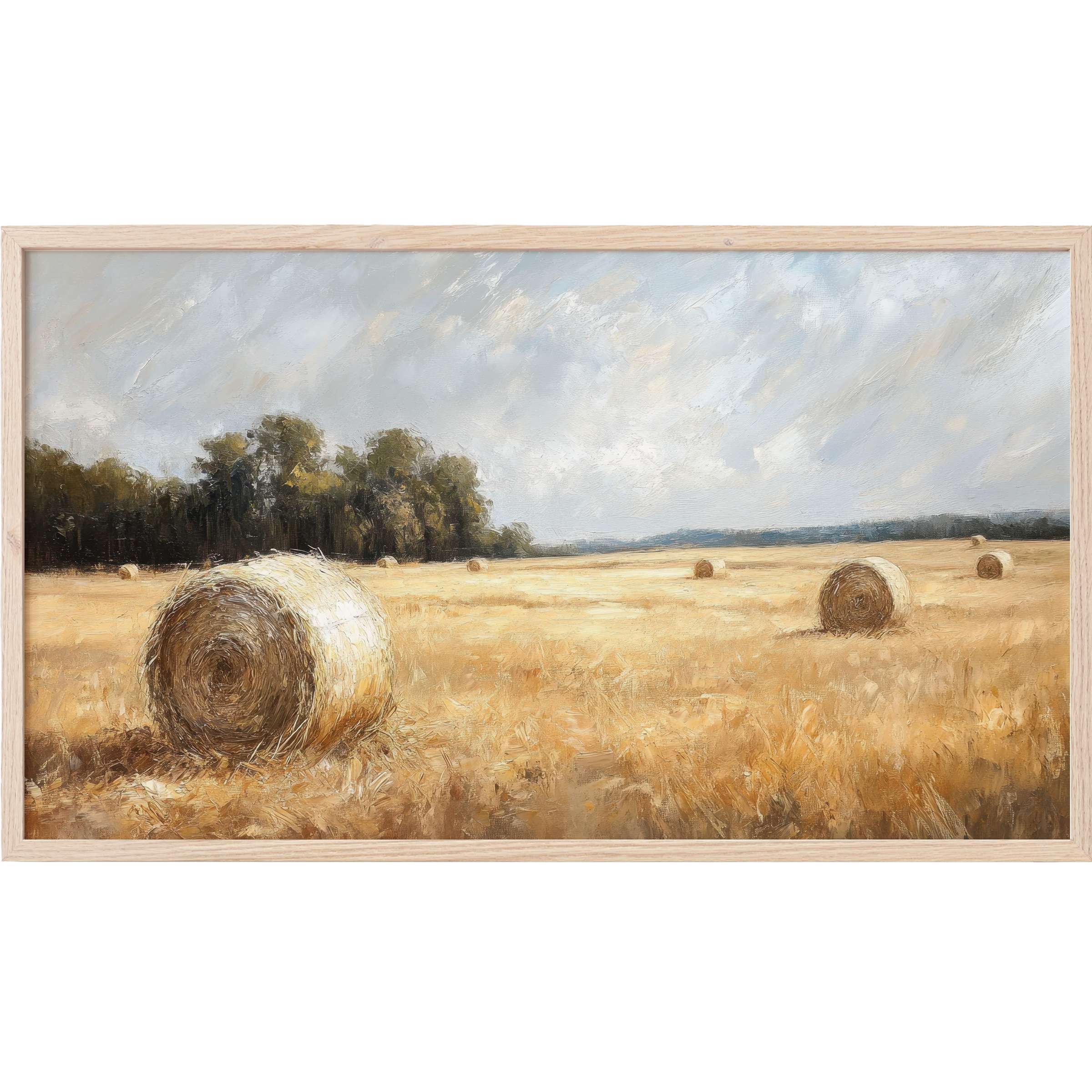 Landscape Frame TV Art featuring textured golden hay bales under a soft gray sky in a warm, rustic style