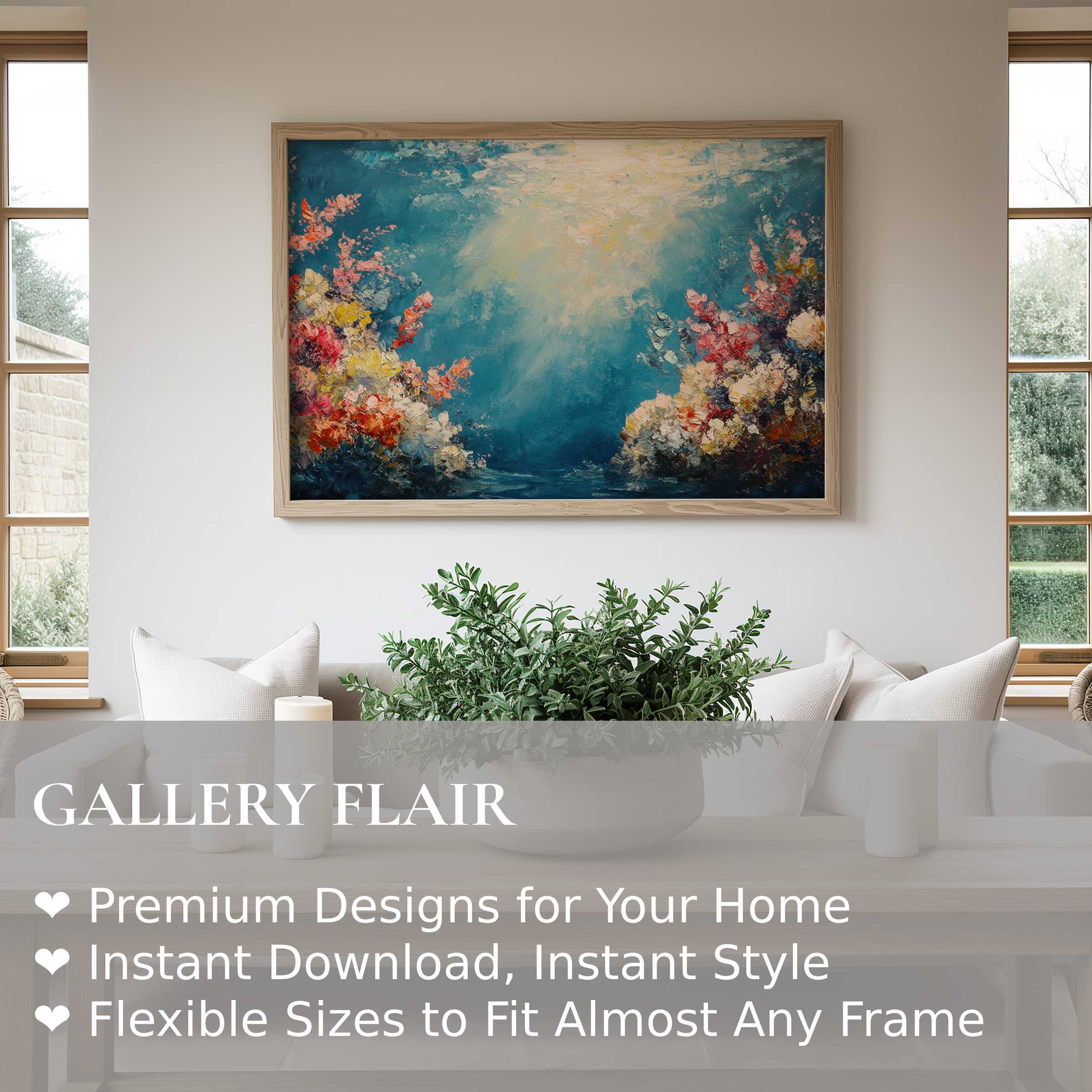 Radiant summer wall art print with vibrant florals and soft light, elevating modern interiors with calming coastal charm