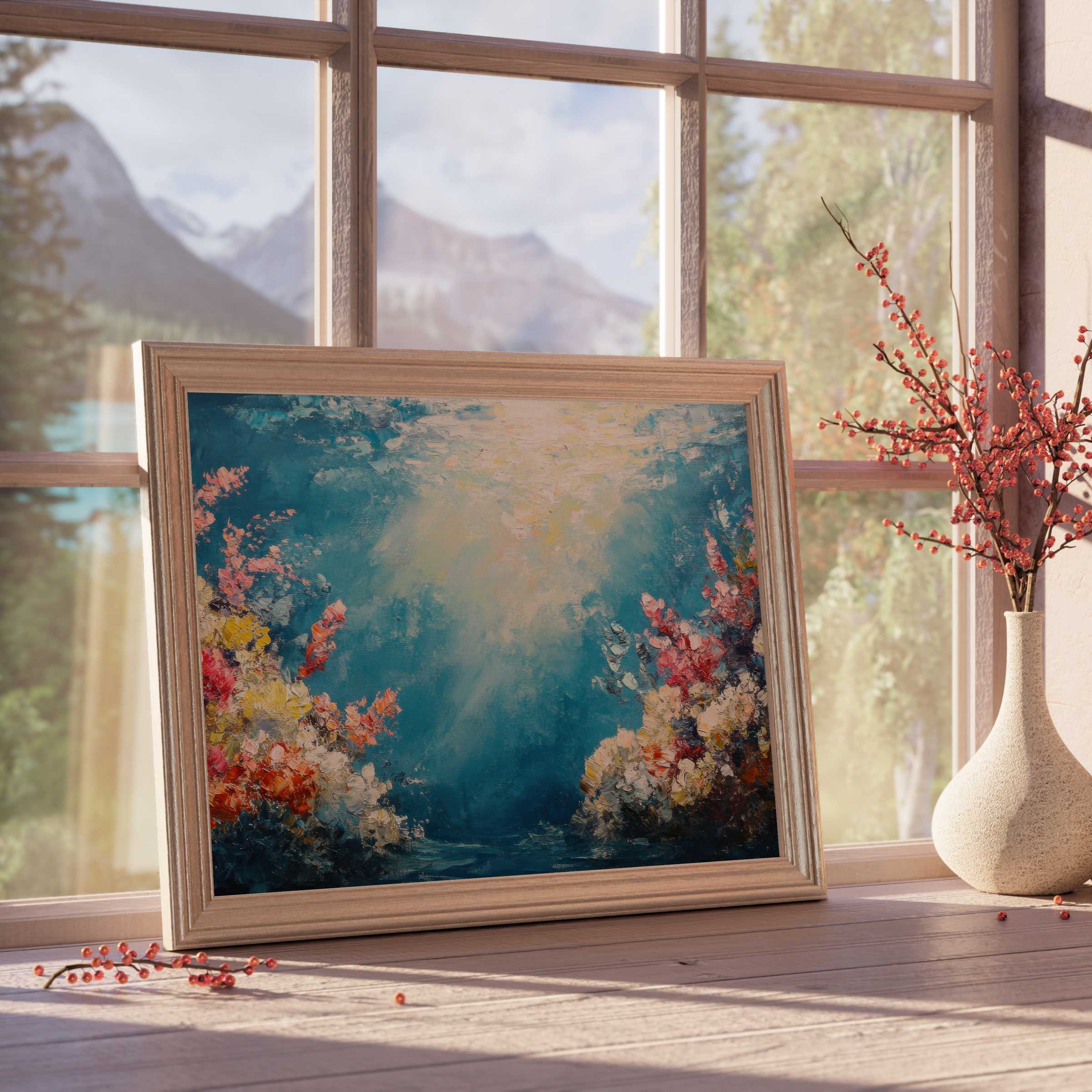 Summer downloadable art radiating calm vibrance with blooming florals and serene turquoise hues, perfect for curated luxury interiors