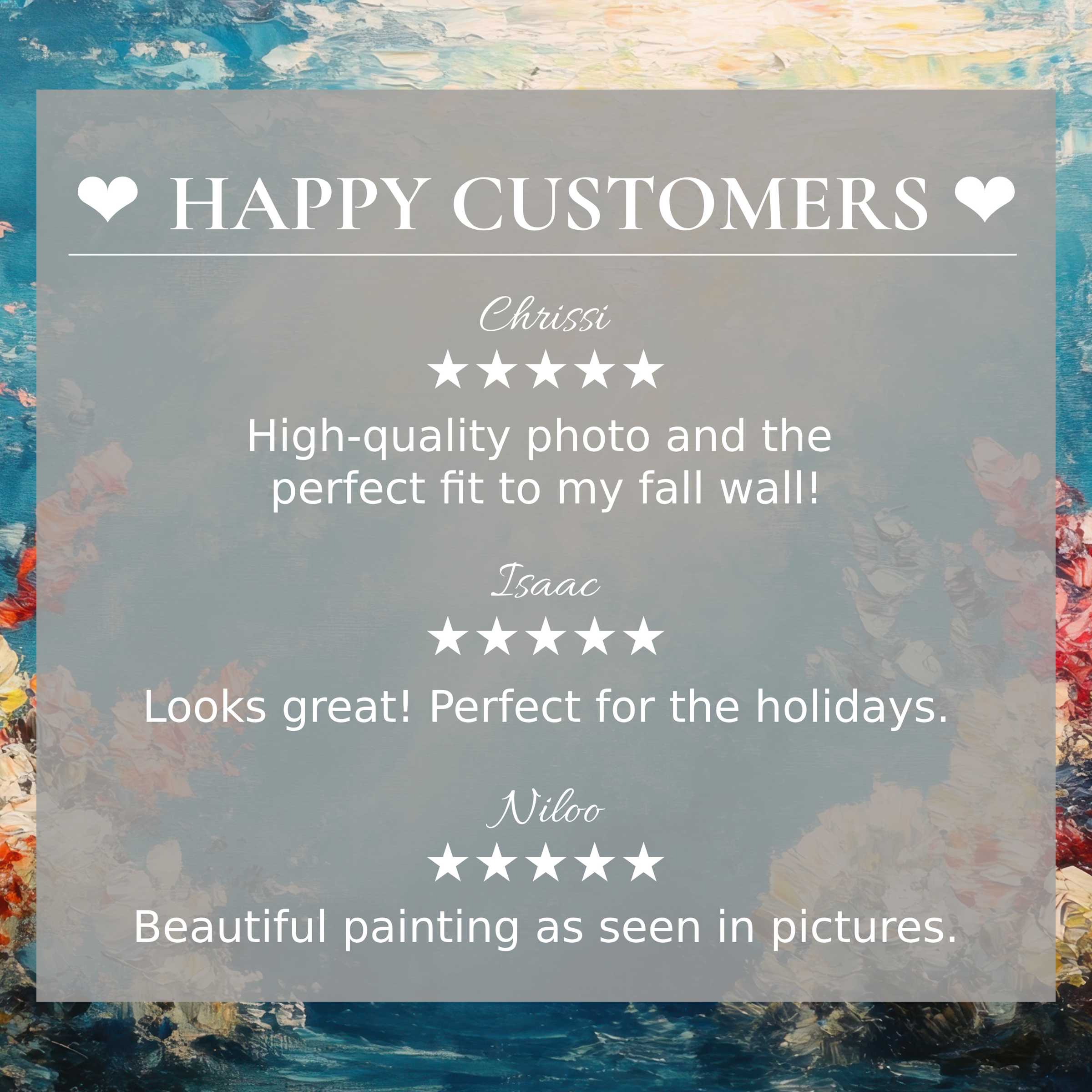 Summer art for Frame TV with abstract sunset hues and happy customer reviews building trust through elegant design