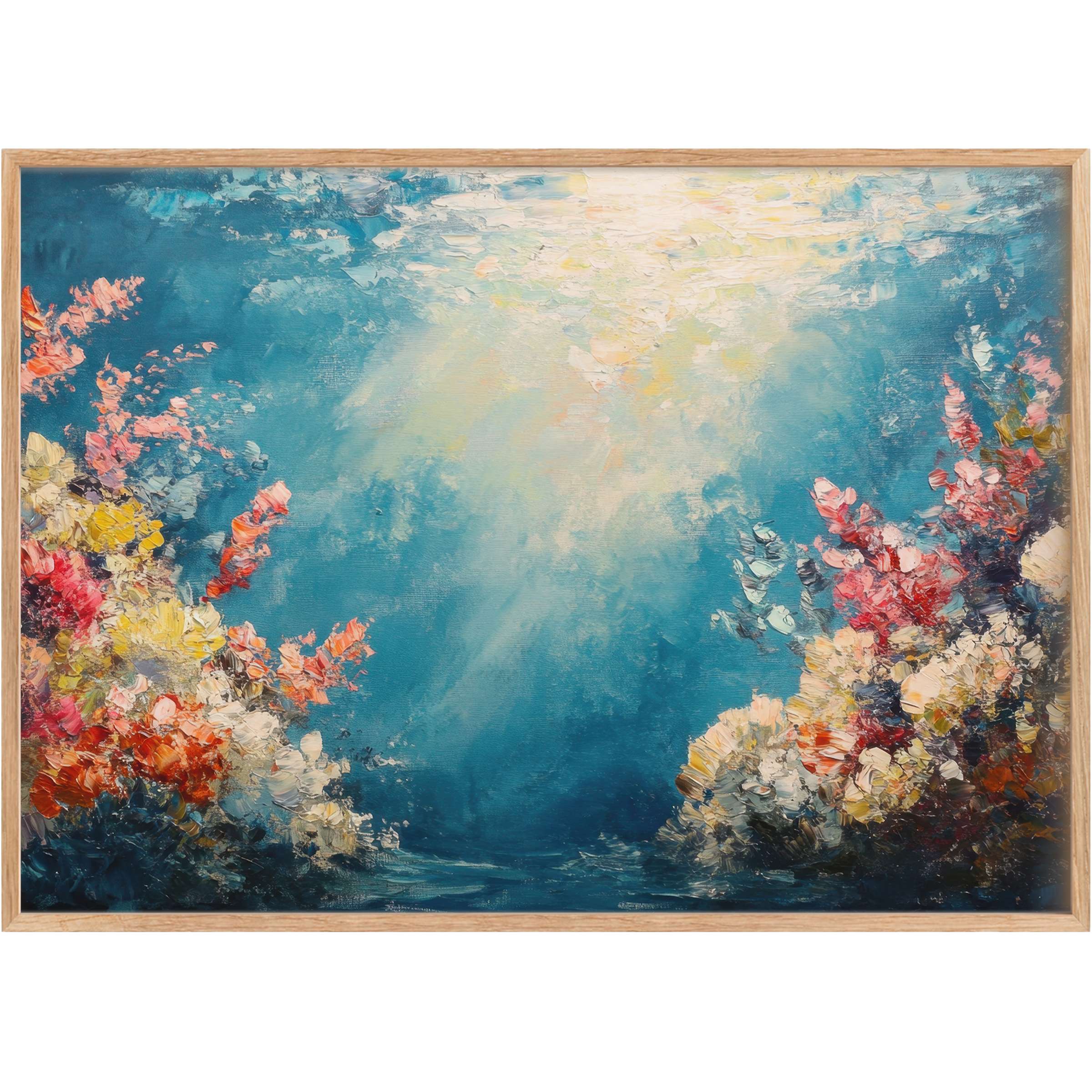Radiant summer printable wall art unveils a serene oceanic glow with vibrant coral blooms, evoking tranquil elegance