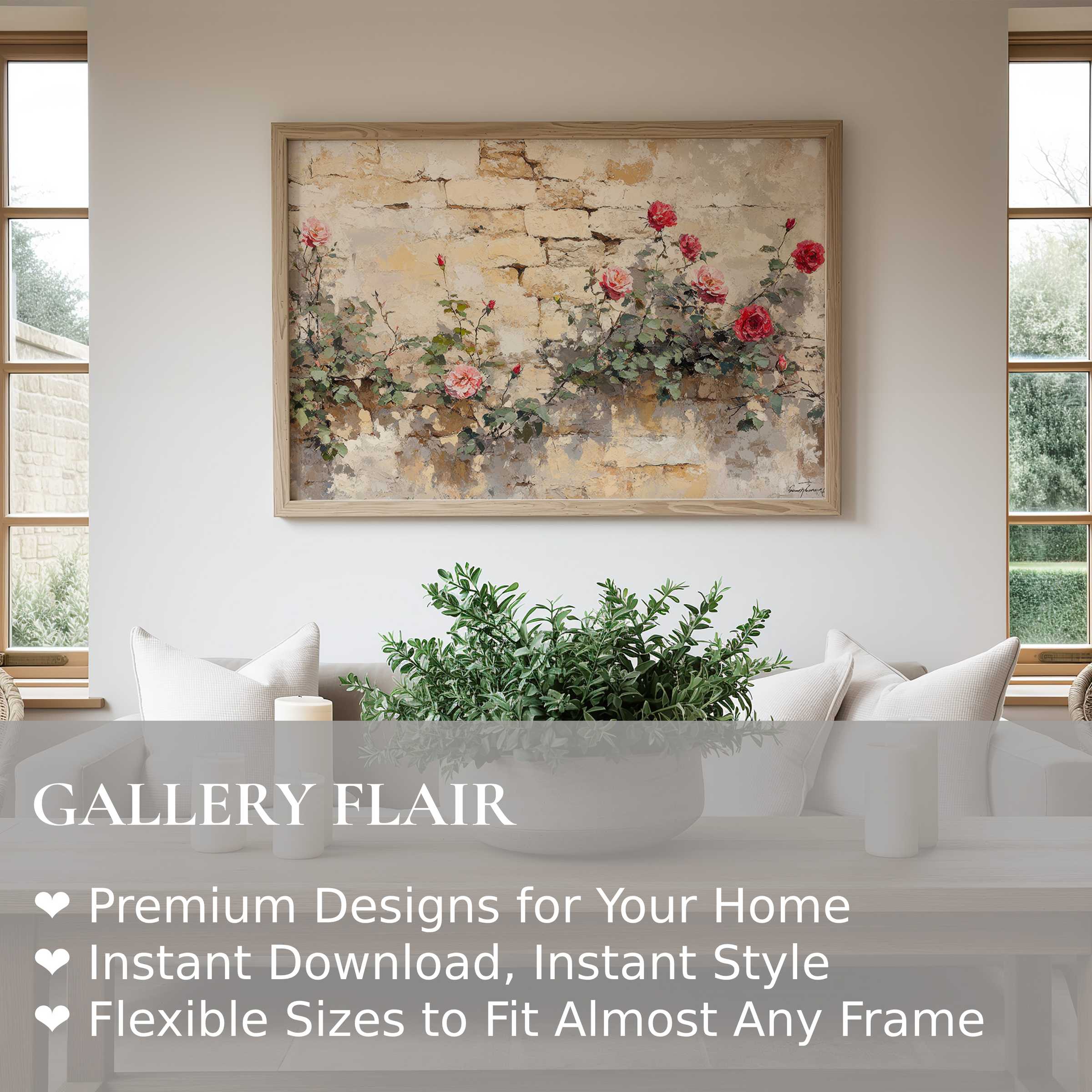 Vintage wall art print of blooming roses against a rustic stone wall, evoking timeless charm and soft elegance in a modern farmhouse setting