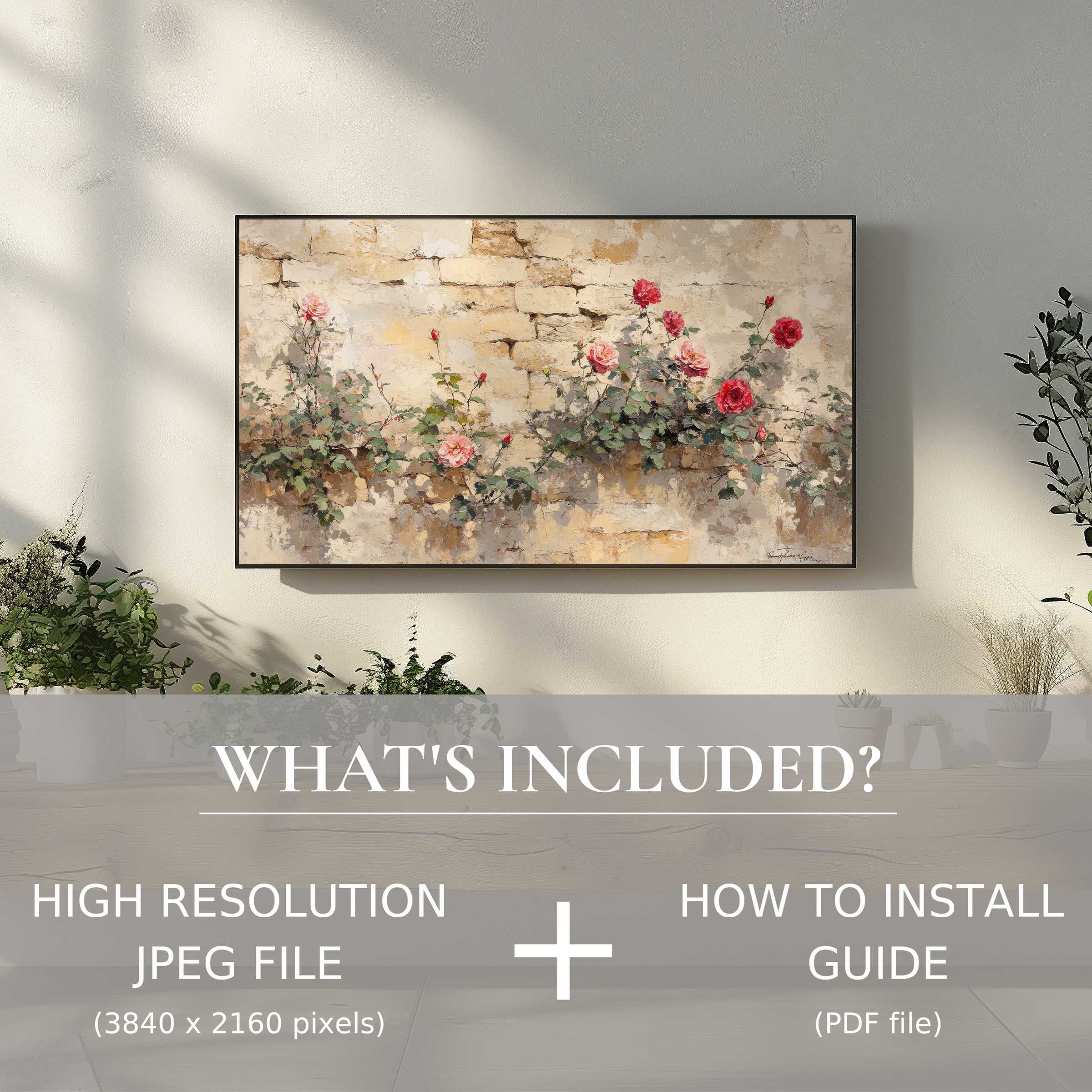 Elegant vintage digital TV art download with easy use, enhancing chic living spaces through high-res floral wall decor