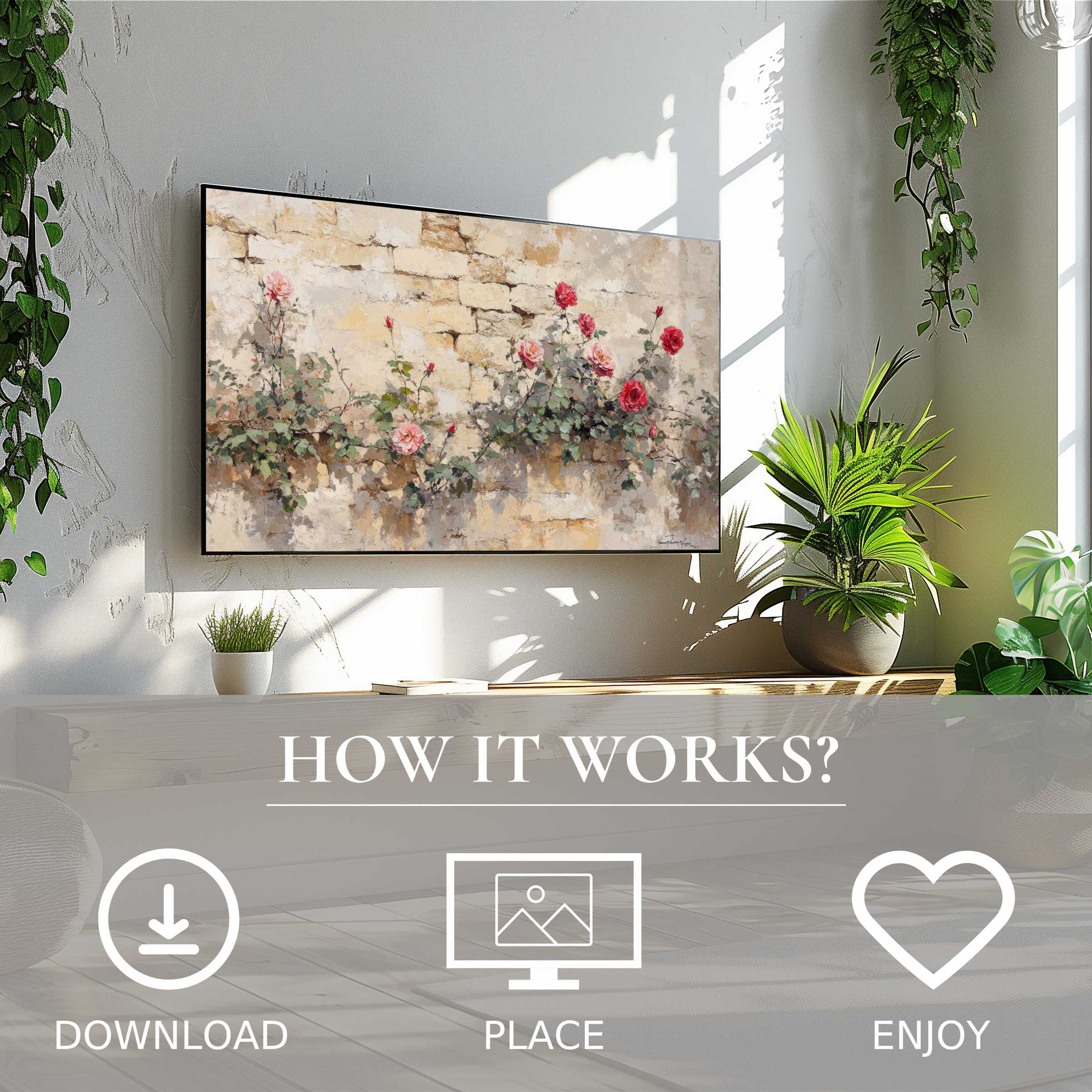 Vintage art for Samsung TV shows soft floral motif on stone wall, easy digital download enriches bright, modern living spaces