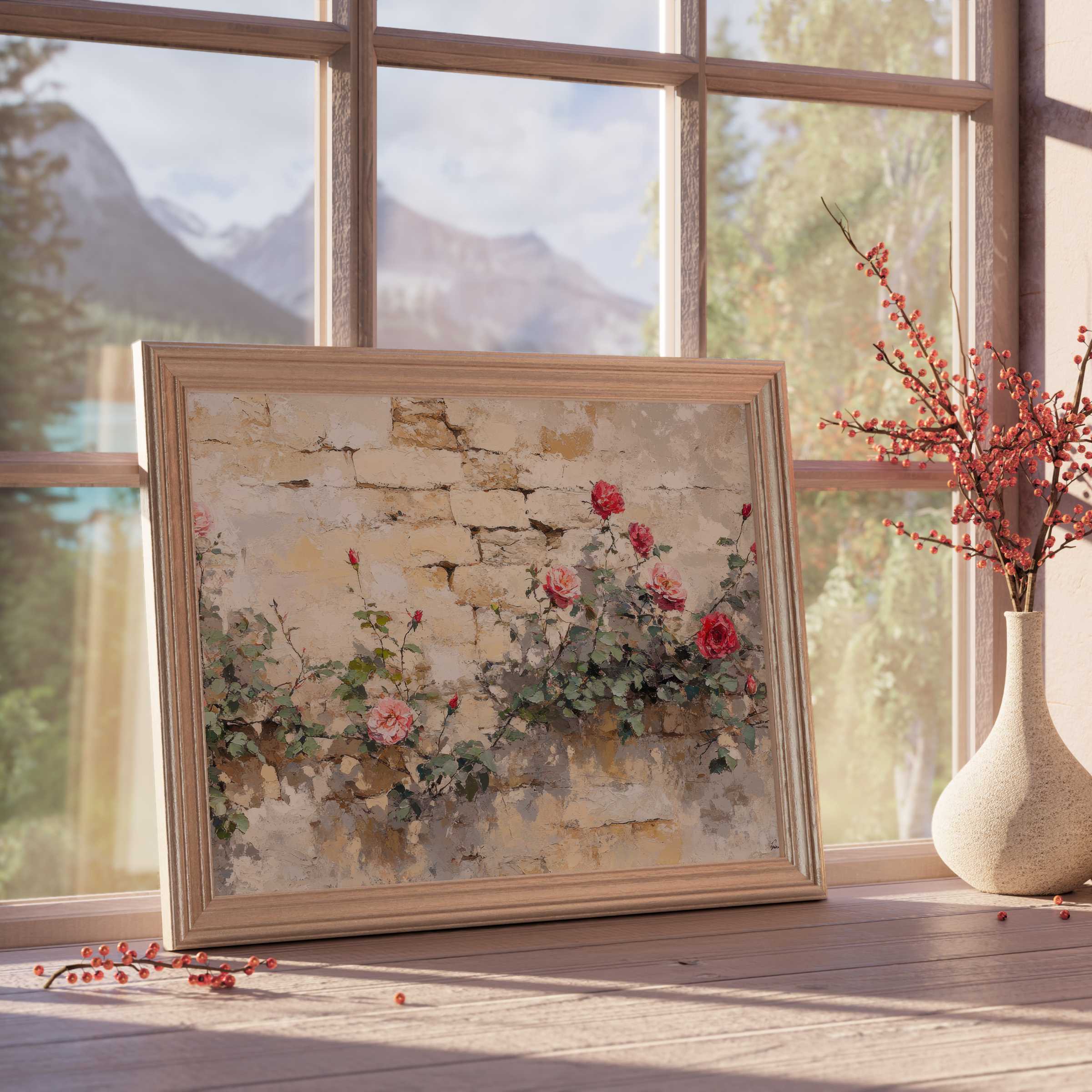 Vintage downloadable art featuring delicate roses climbing a worn stone wall, infusing curated interiors with timeless warmth and serene elegance