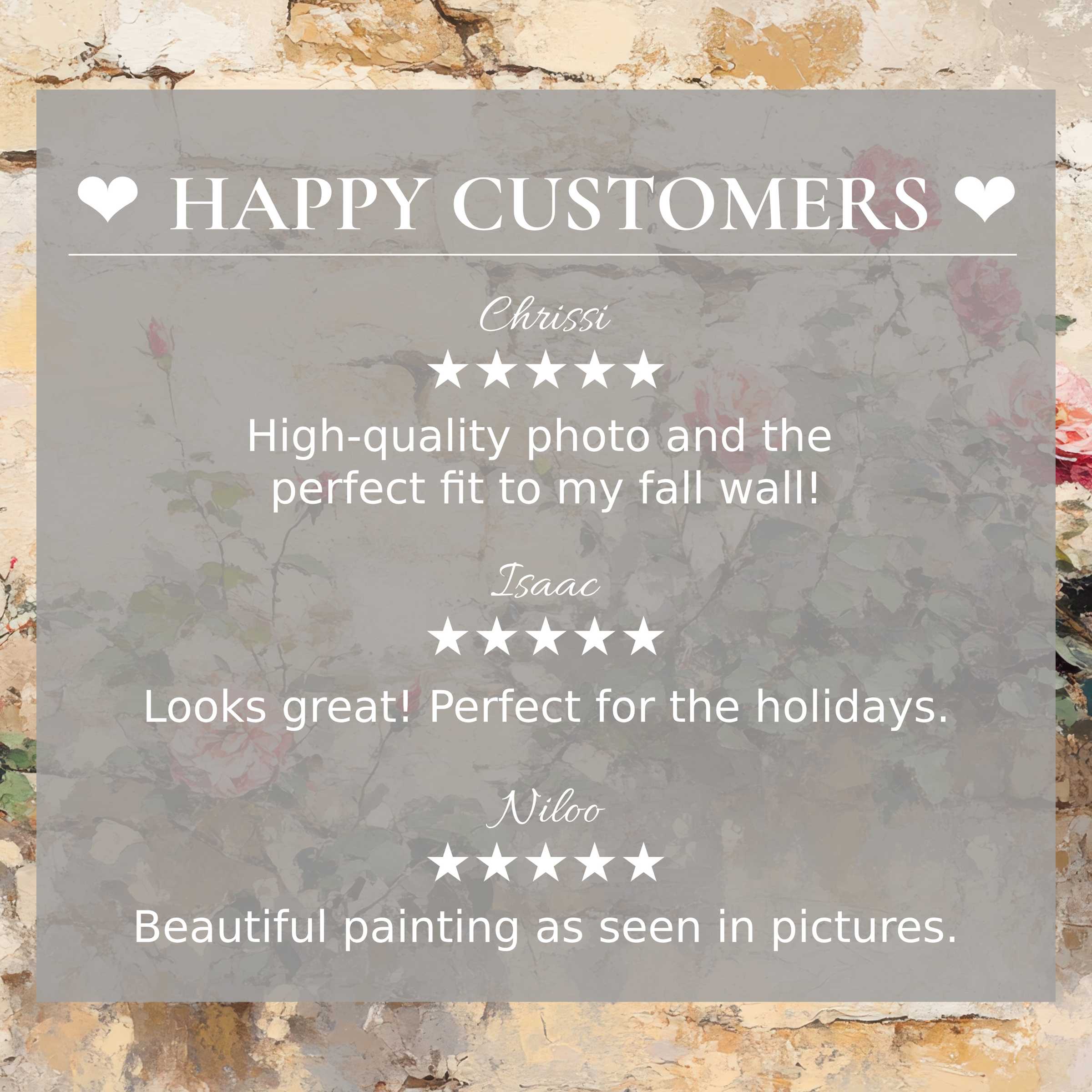 Vintage art for Frame TV with soft floral background, showcasing happy customer reviews that inspire trust and elegance