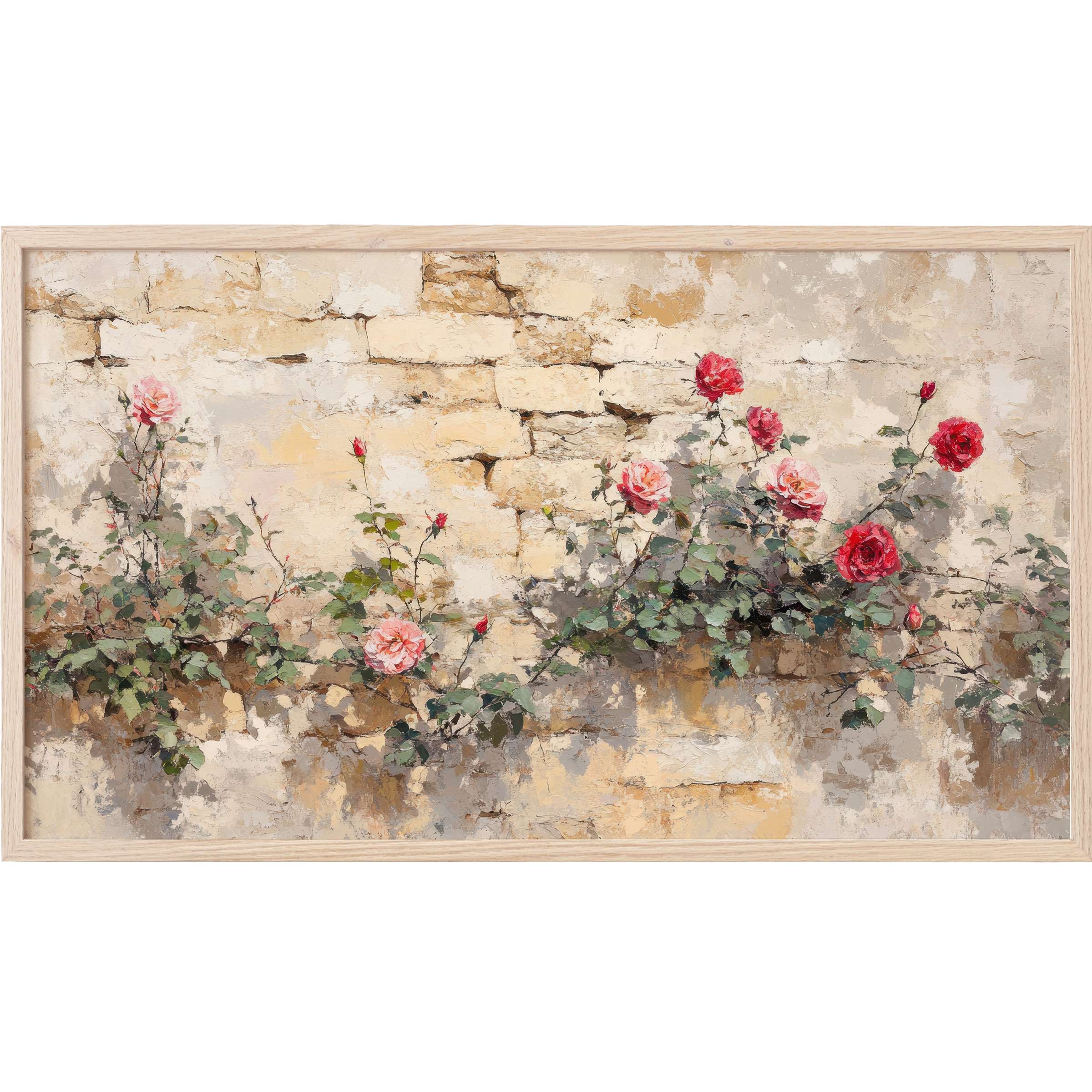 Vintage Frame TV Art of soft pink and red roses climbing a textured, worn beige stone wall in a delicate painterly style