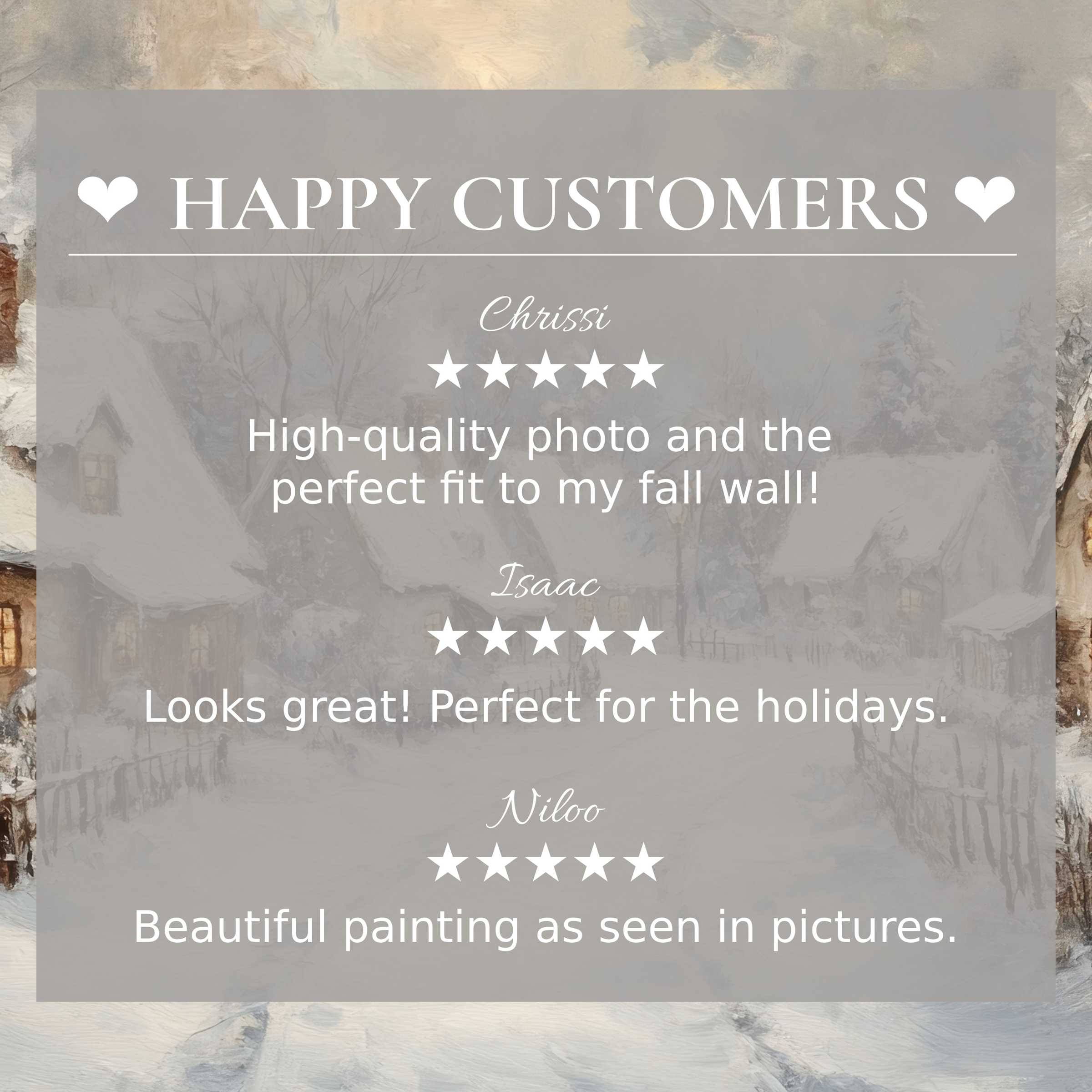 Elegant christmas art for Frame TV with winter village backdrop showcases happy customer reviews, inspiring trust and style