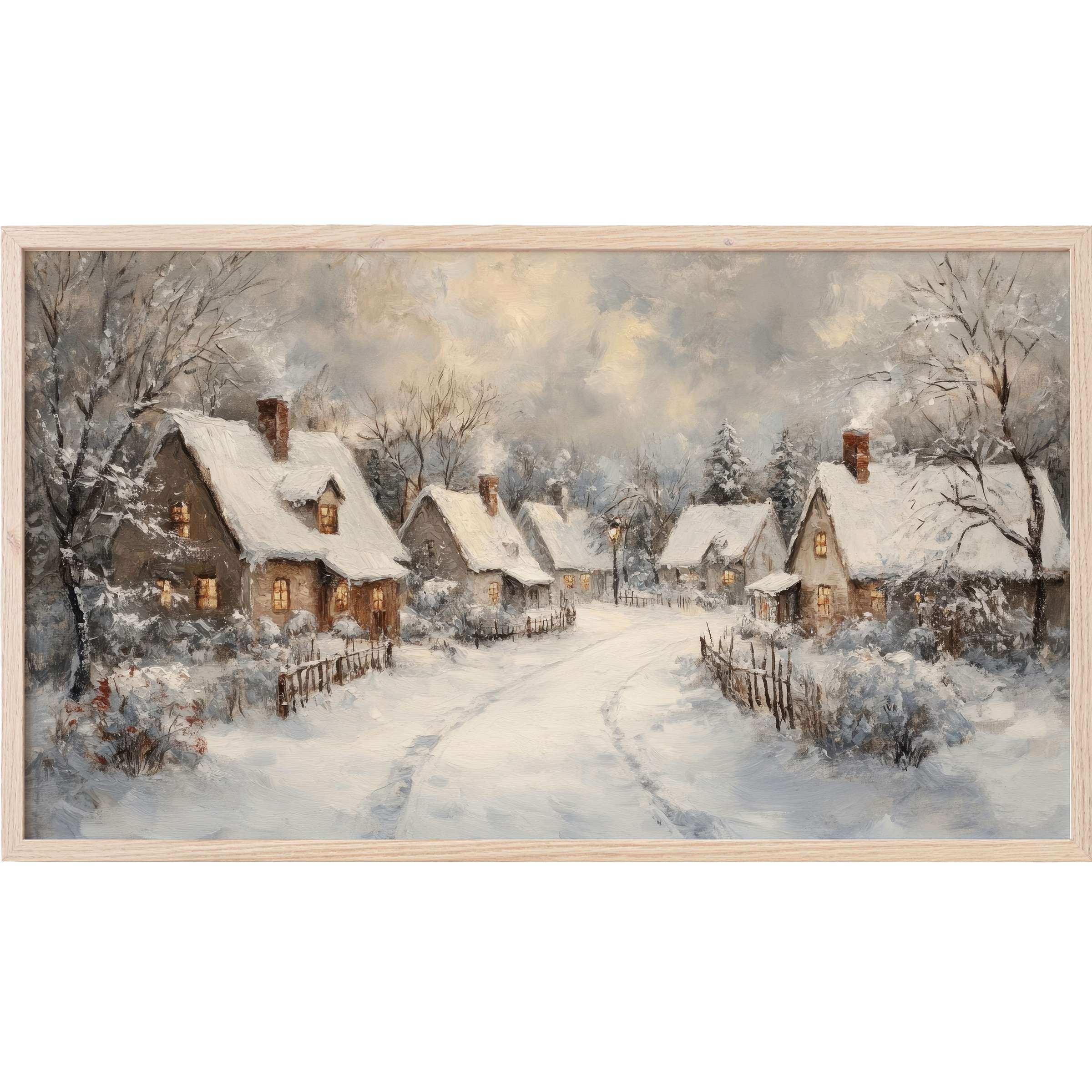 Serene snow-covered village at dusk in muted greys and warm lights, perfect Christmas Frame TV Art for cozy elegance