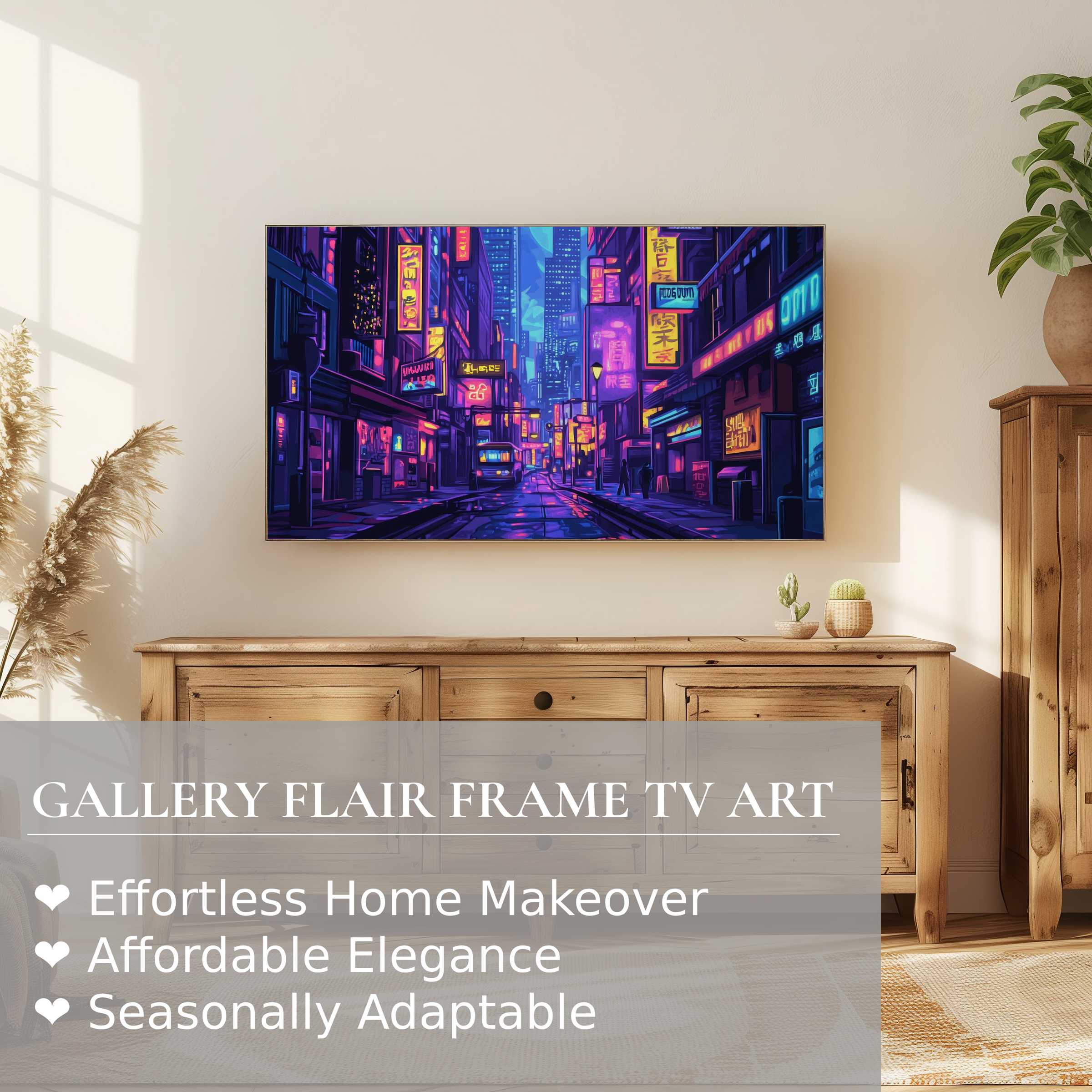 Samsung Frame TV displays vibrant pop art digital artwork of a neon-lit urban street in a chic modern setting