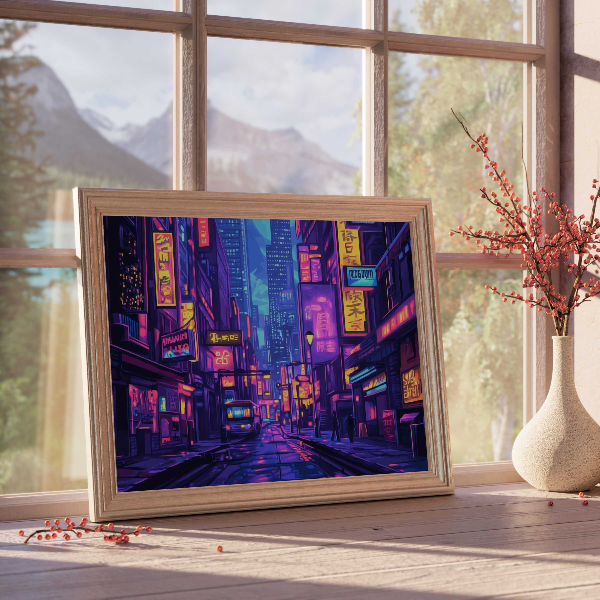Vibrant pop art downloadable art capturing neon city streets at night, infusing luxe interiors with dynamic color and urban energy