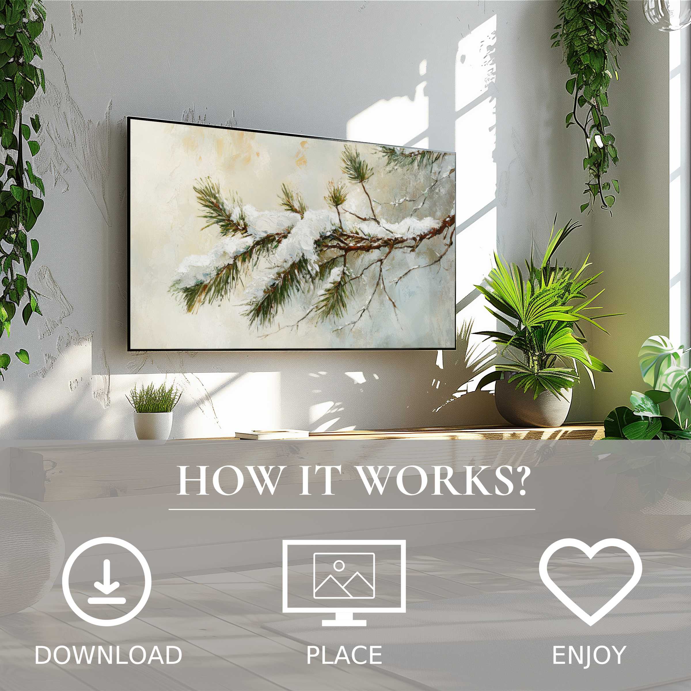 Winter art for Samsung TV shows snow-covered pine branch in soft tones, easy digital download enriches modern living space