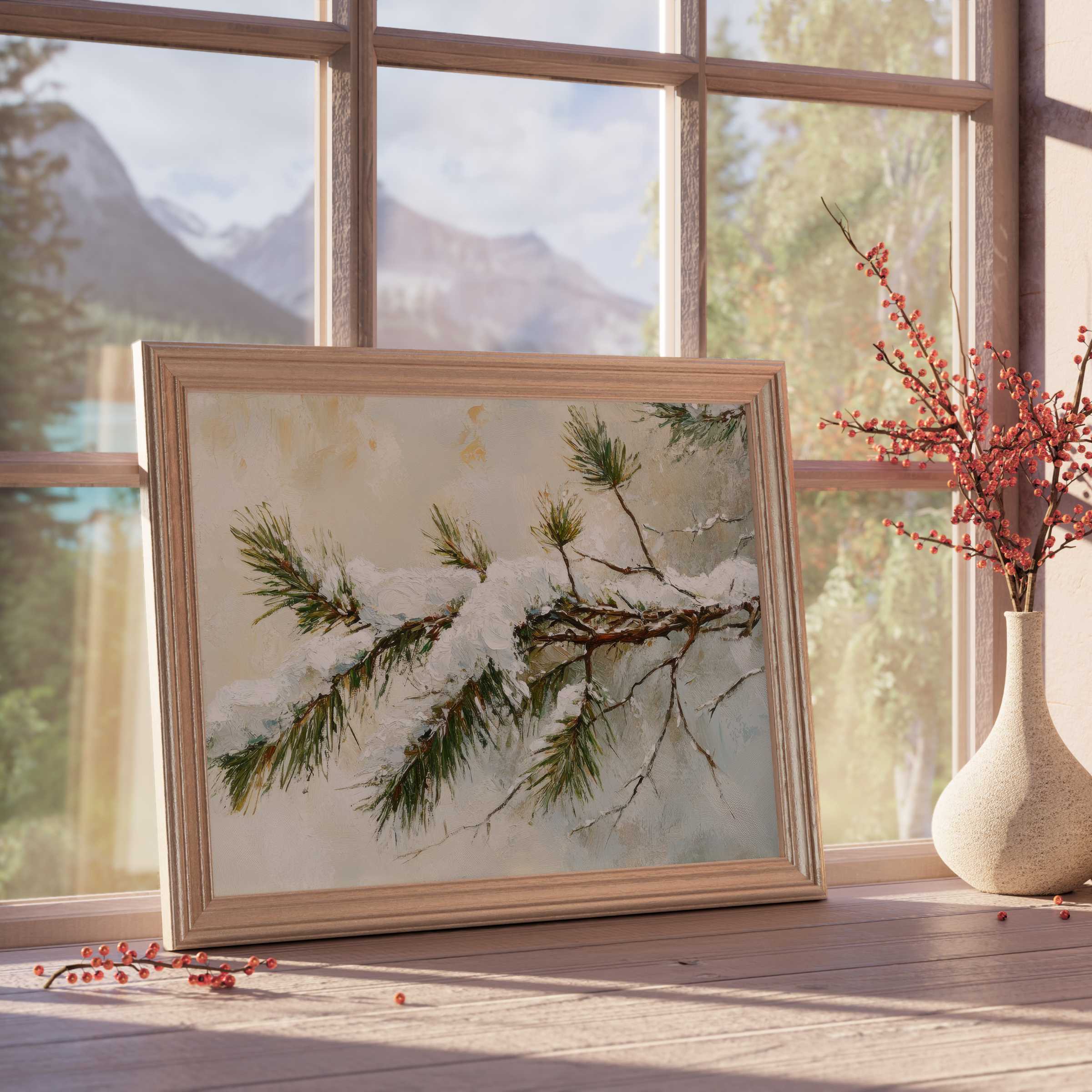 Winter downloadable art capturing serene snow-laden pine branches, enhancing tranquil, curated interiors with nature-inspired elegance