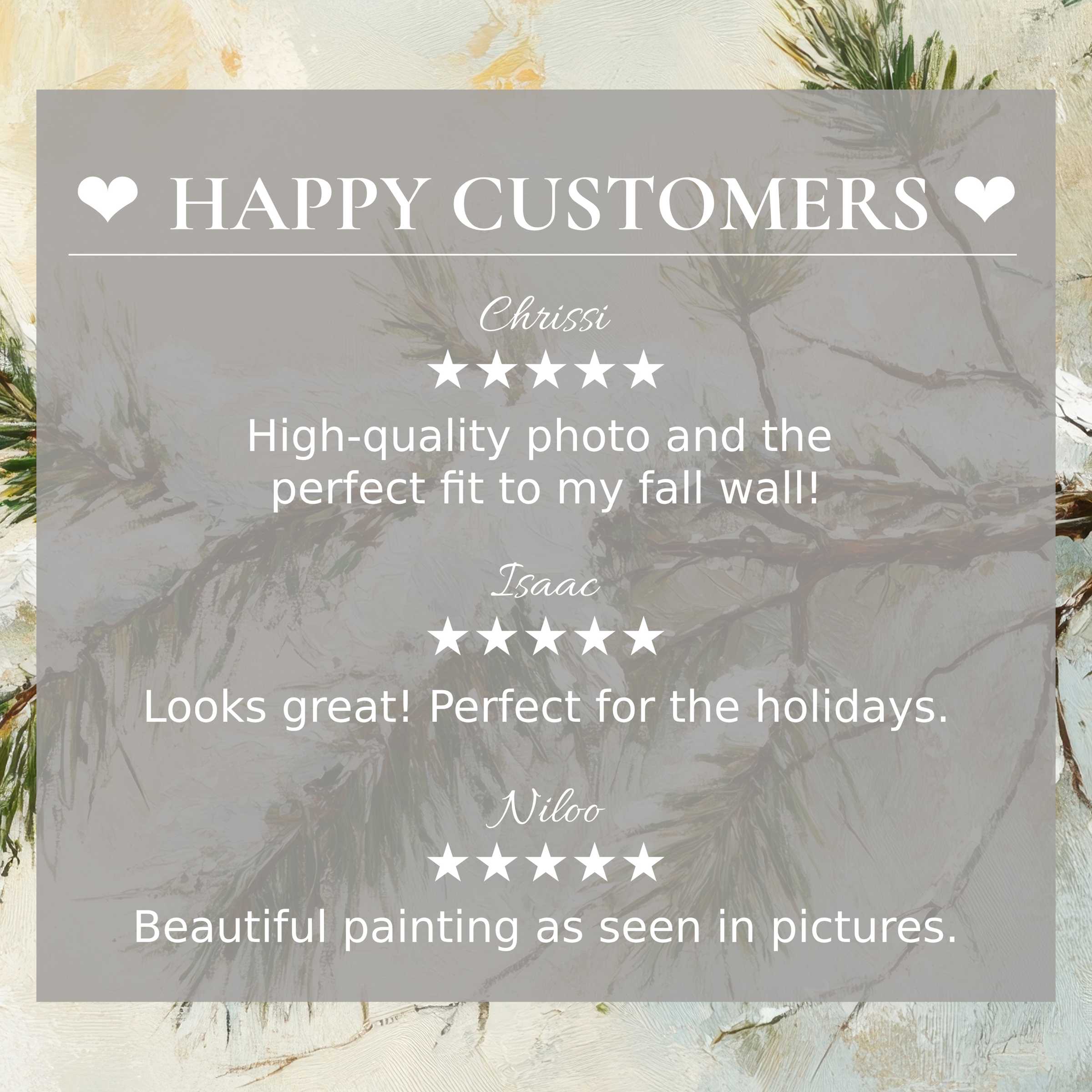 Winter art for Frame TV with abstract pine branch painting, happy customer reviews build trust and elegance