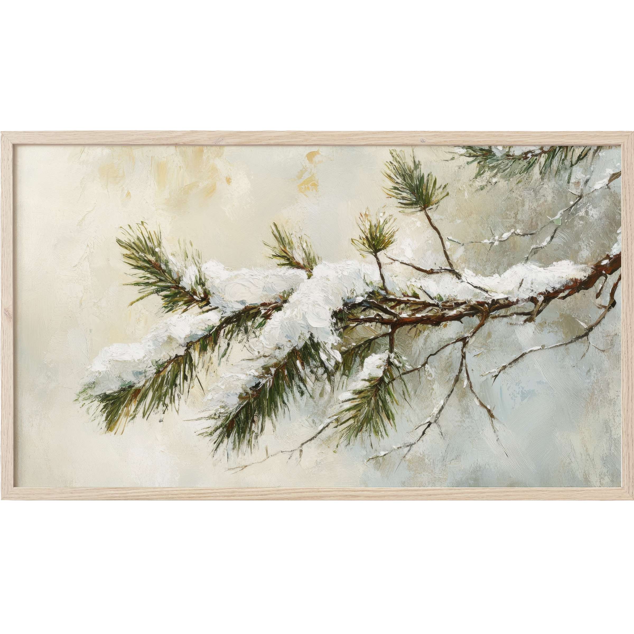 Elegant winter Frame TV Art with textured brushstrokes depicting snow-laden pine branches in soft neutrals and greens