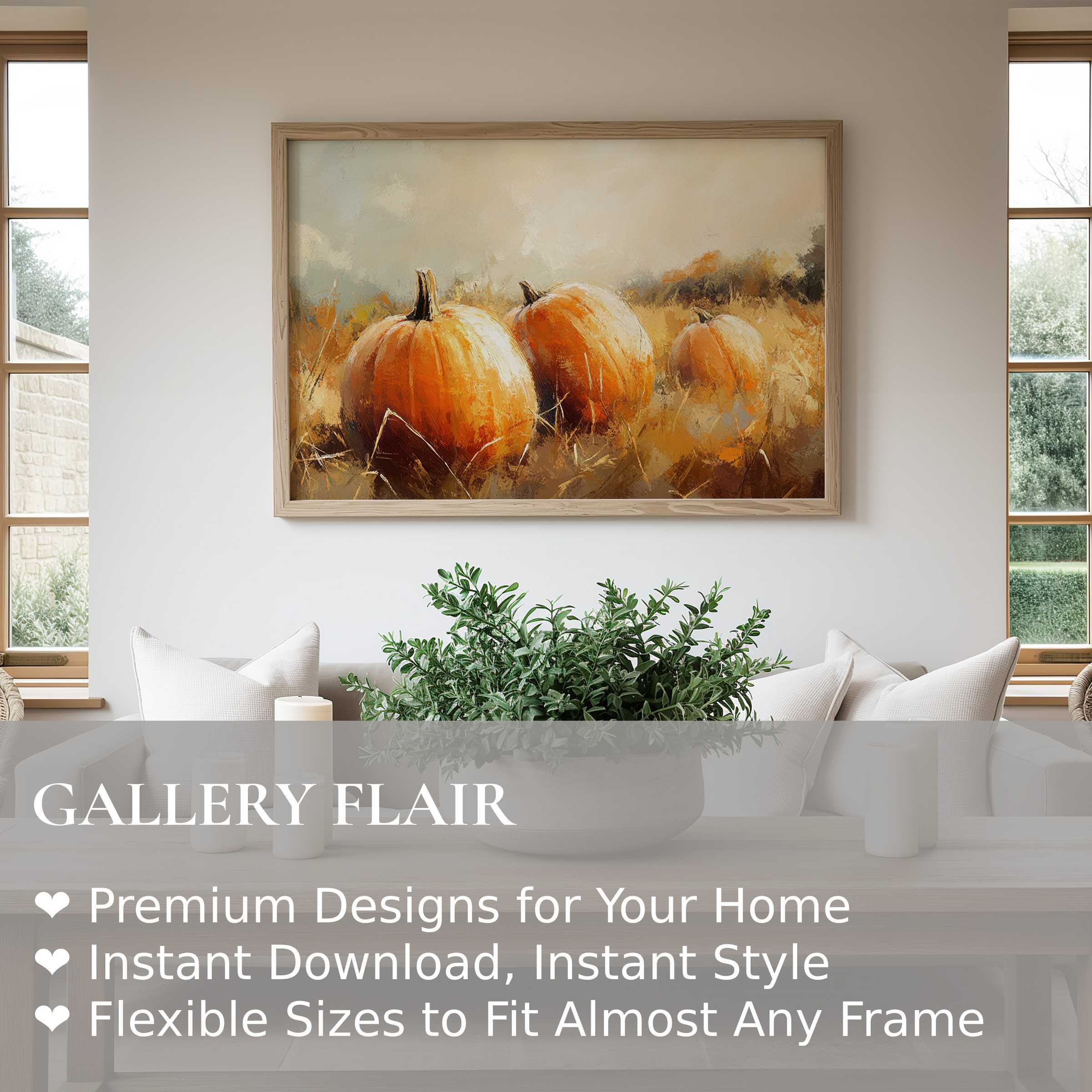 Fall wall art print featuring radiant pumpkins in a warm, textured field, elevating modern farmhouse interiors with cozy autumn charm