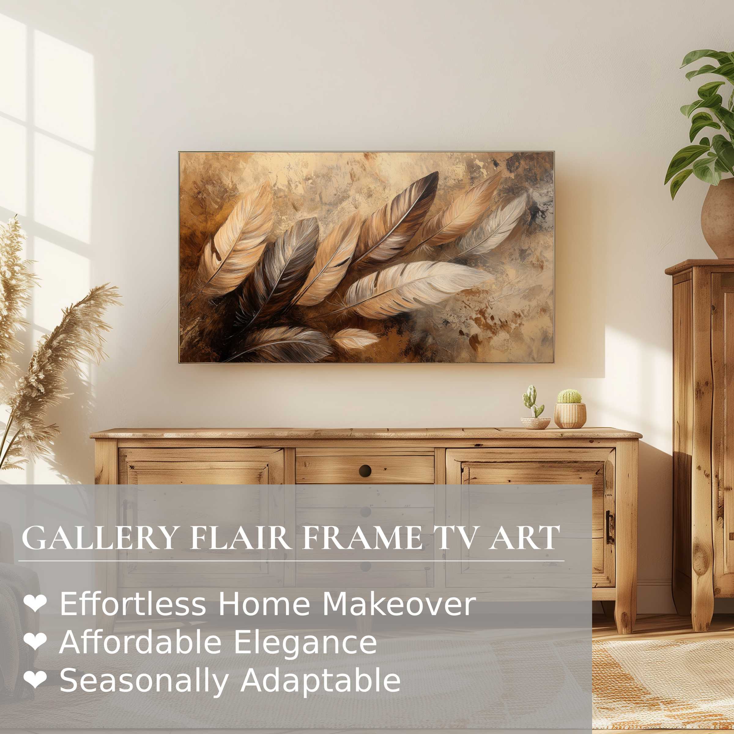 Samsung Frame TV showcasing boho digital artwork of earthy feathers in a warm, elegant modern living room