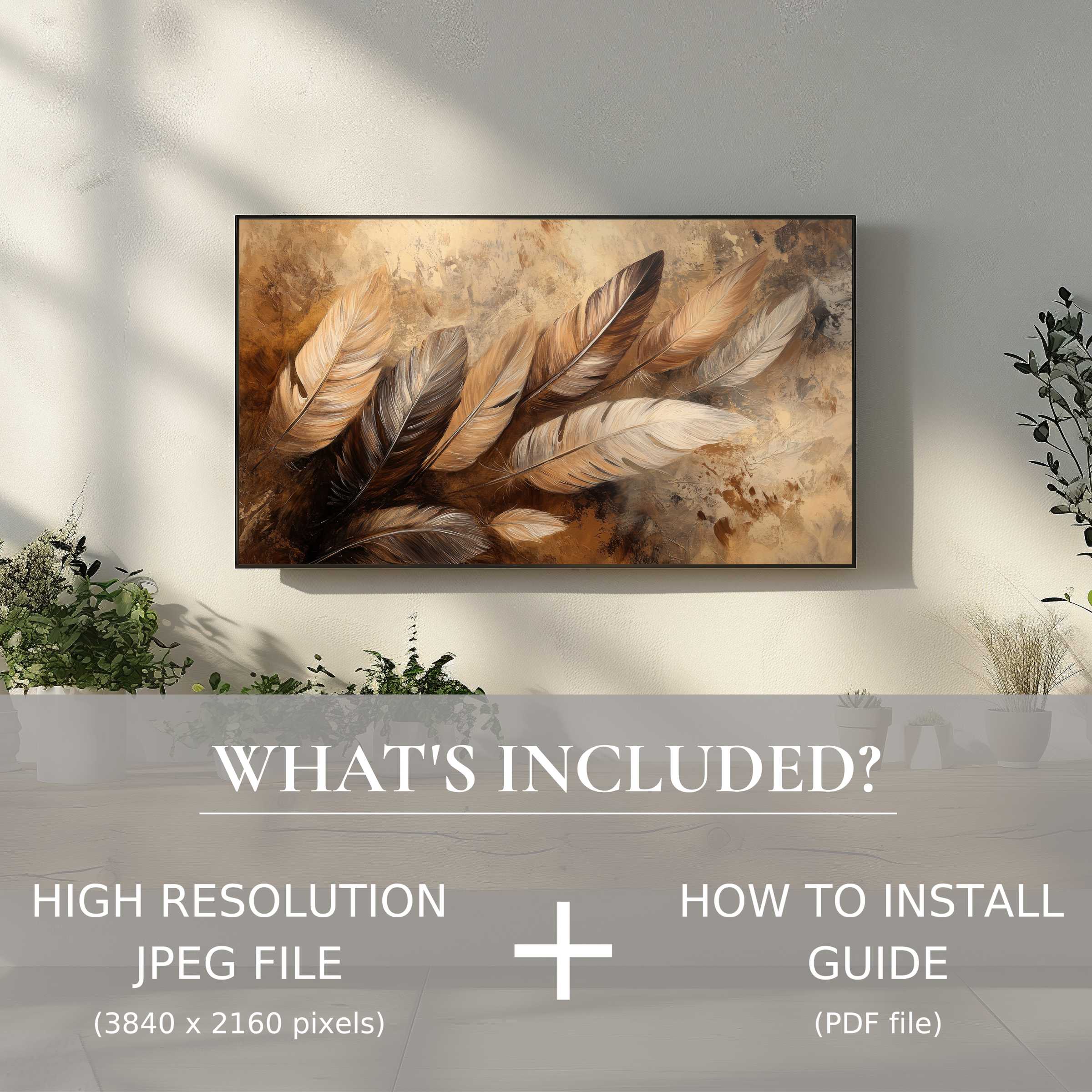 Elegant boho digital TV art download showcasing feathers, easily enhancing living spaces with high-res, stylish digital decor