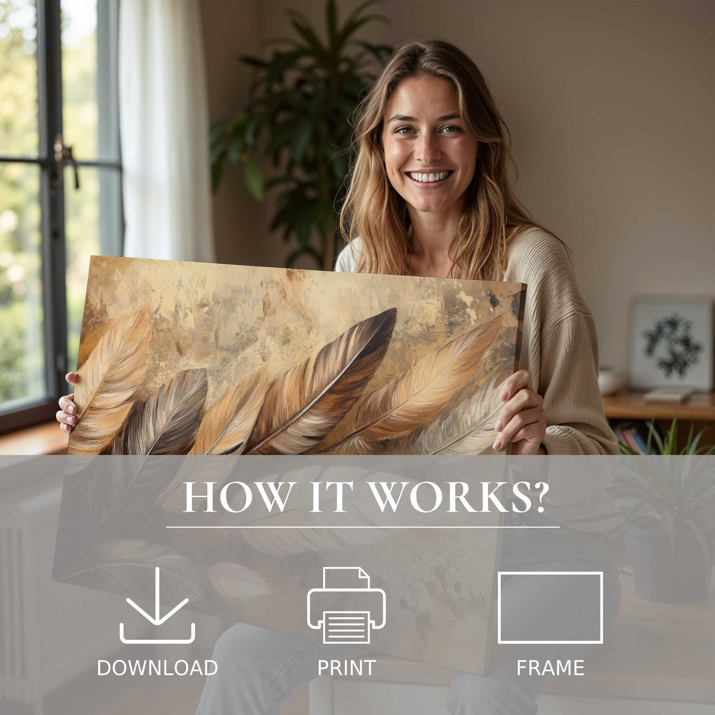 Sunlit moment with a boho digital art print, embodying warmth and joy in modern serene living spaces