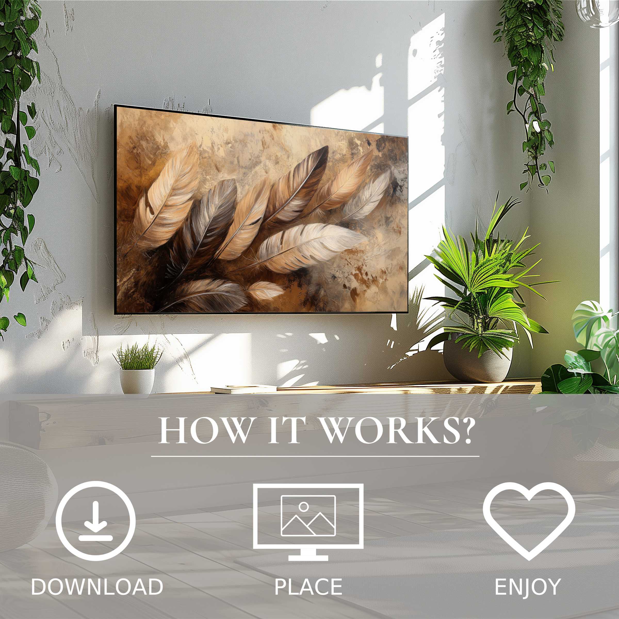Boho art for Samsung TV with warm feather motif, easy digital download, adds cozy style to modern living spaces