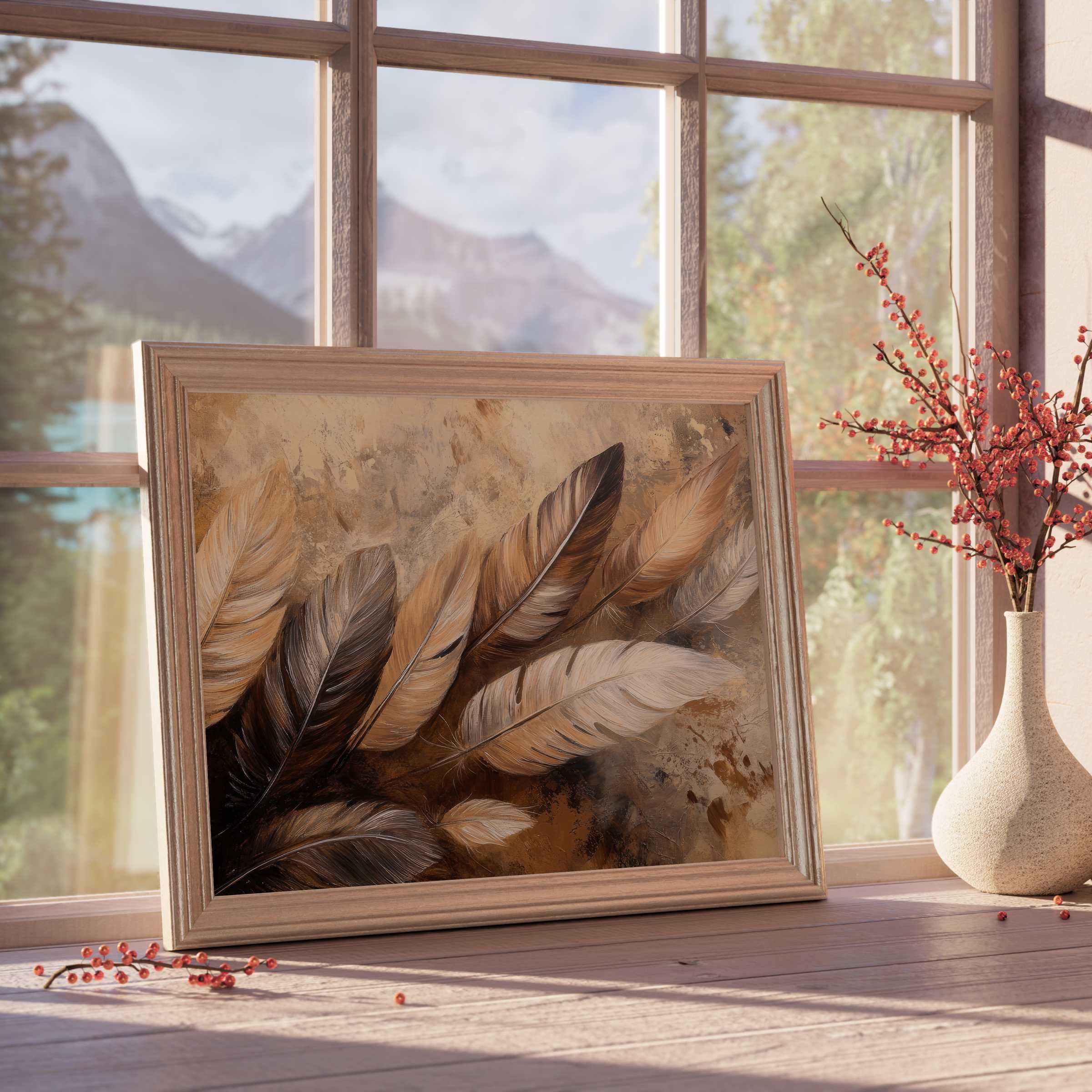 Boho downloadable art featuring soft earth-tone feathers enhances serene, curated interiors with warm, natural elegance