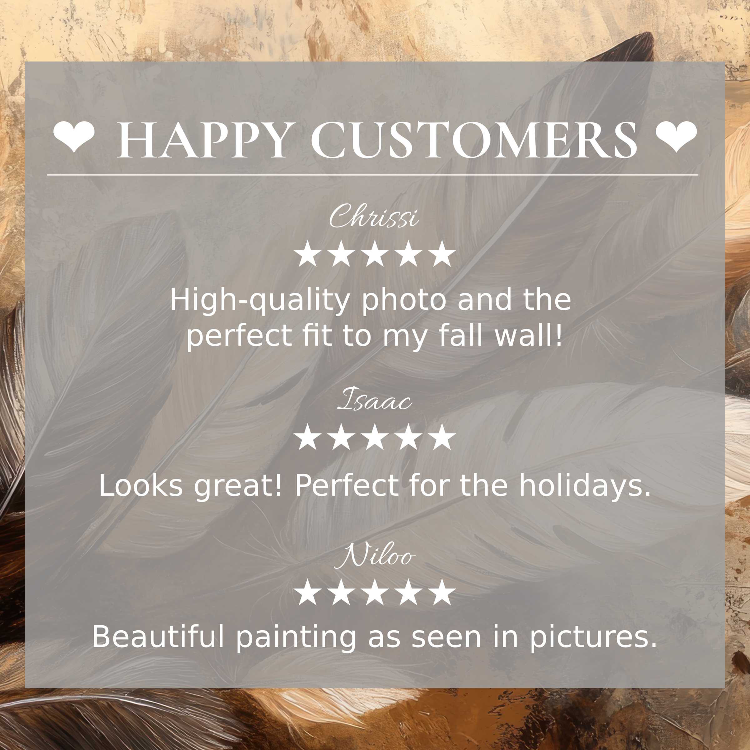 Boho art for Frame TV with abstract feather tones; happy customer reviews build trust and highlight elegant style