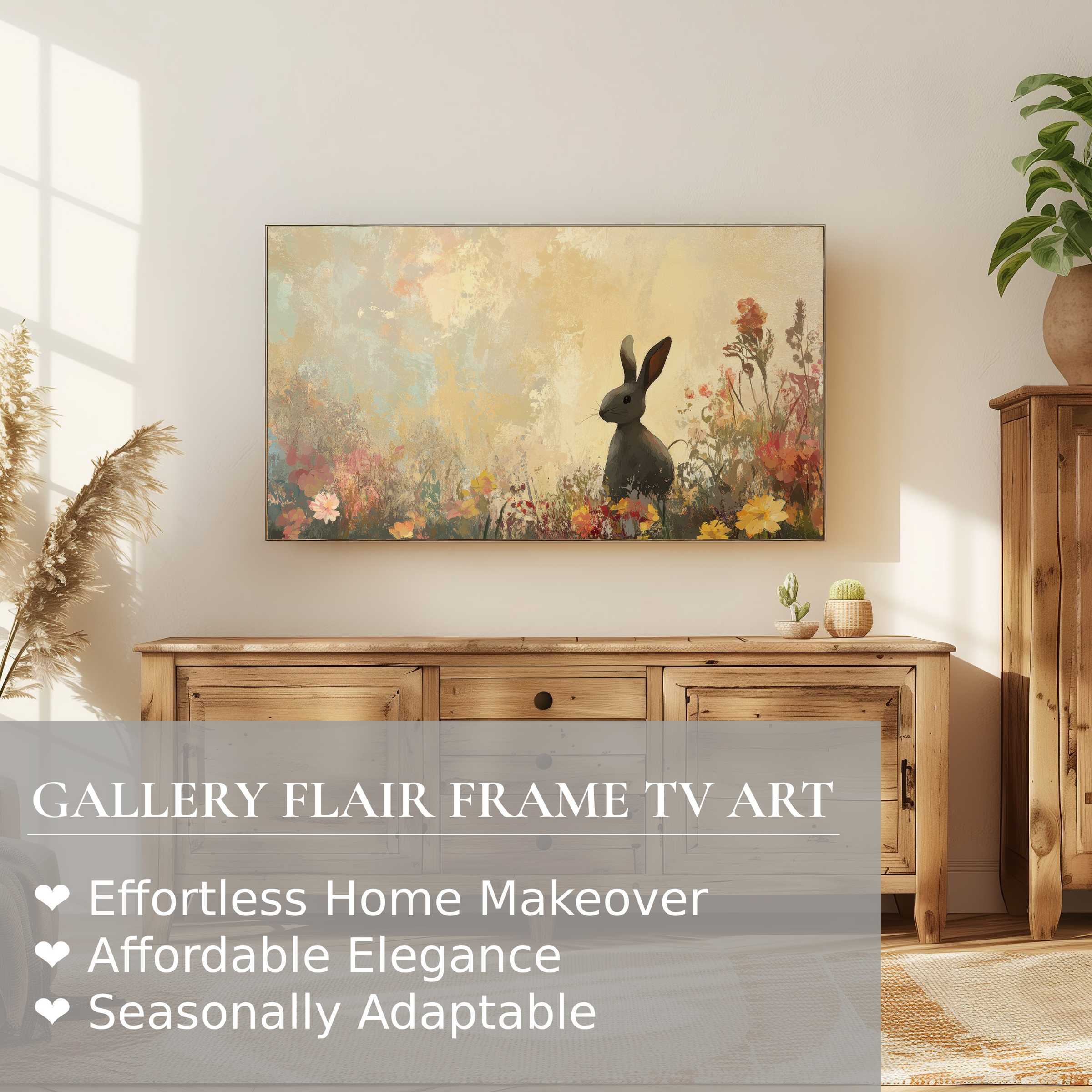 Elegant easter digital artwork depicting a rabbit in florals on Samsung Frame TV, perfect for refined home decor