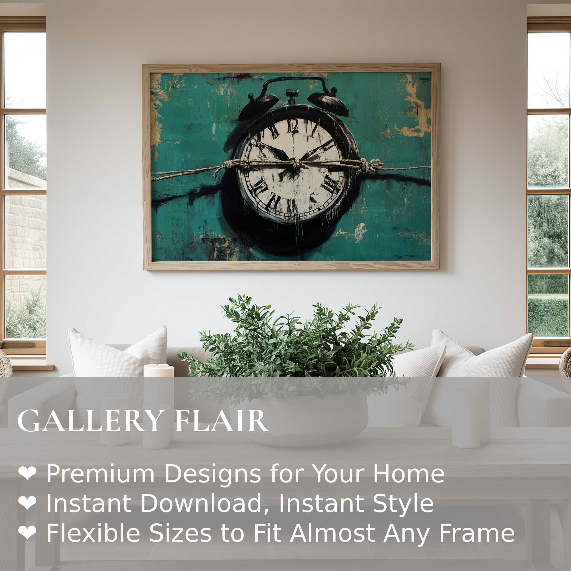 Bold street art wall art print featuring a vintage alarm clock bound by rope, adding edgy contrast to serene modern living spaces