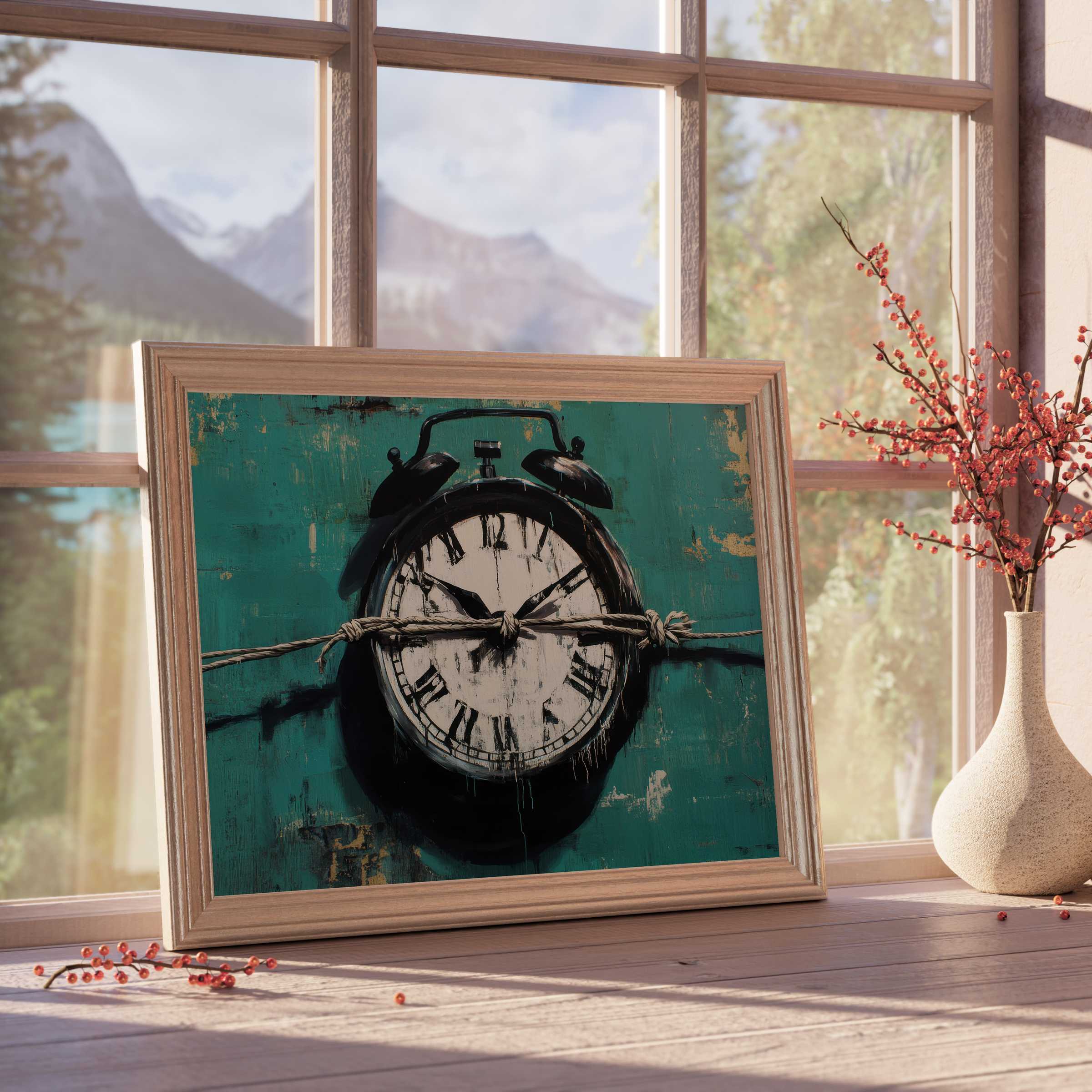 Timeless street art downloadable art featuring a bound vintage clock, infusing curated interiors with contemplative calm and design-forward elegance