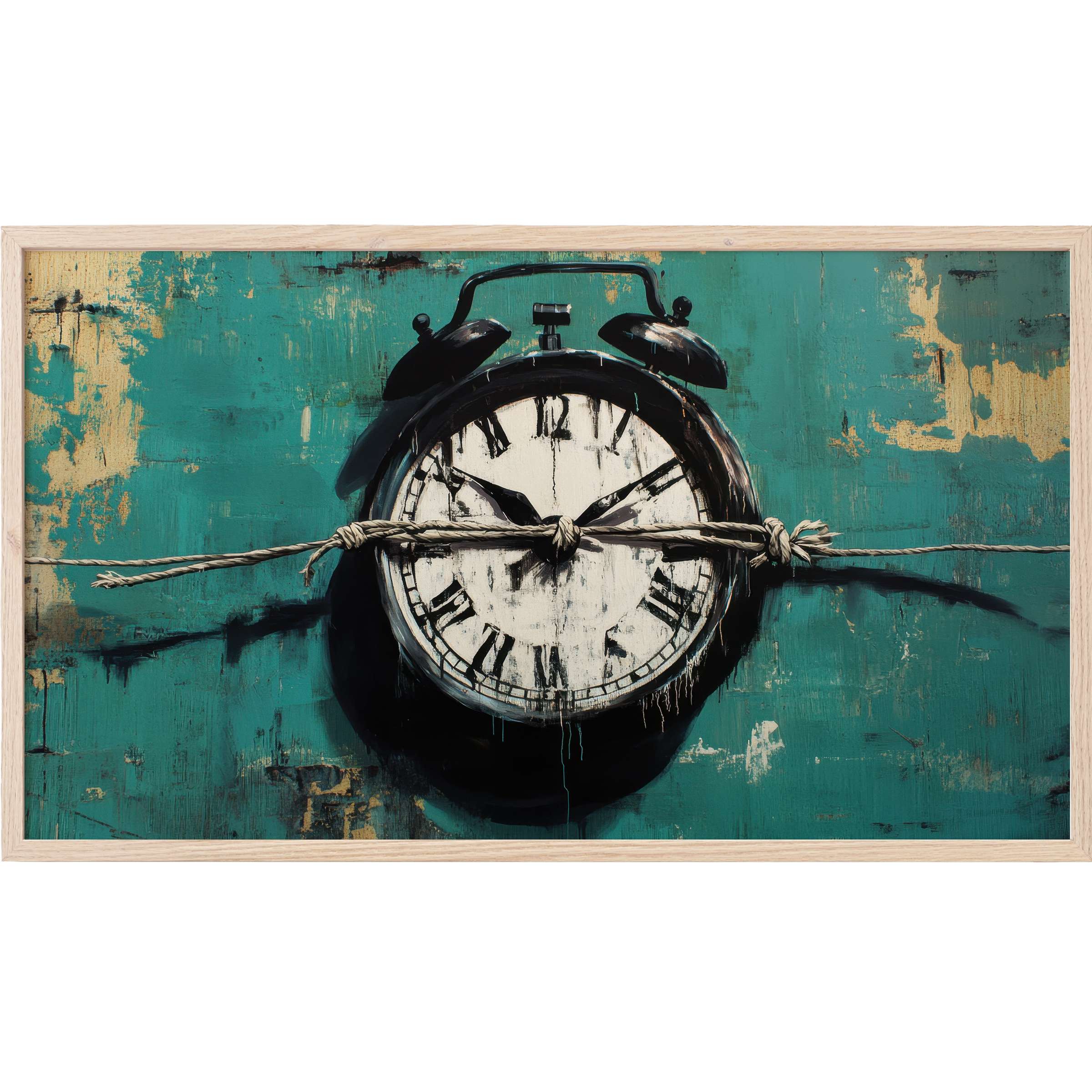 Vintage alarm clock with muted black and white tones bound by rope on textured teal background, street art Frame TV Art