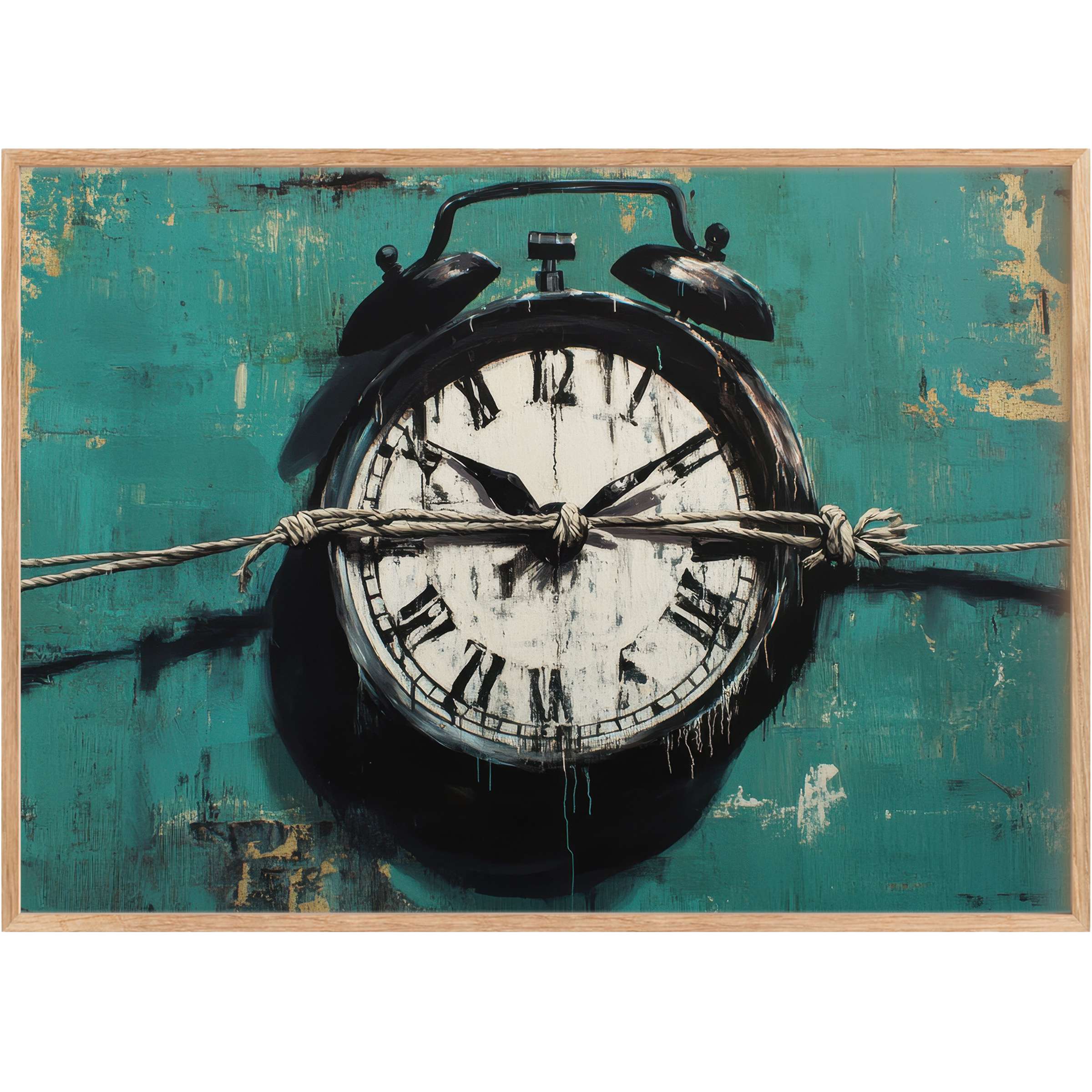 Bold street art printable wall art featuring a distressed clock tied with rope, set against a rich teal backdrop, evoking tension and intrigue