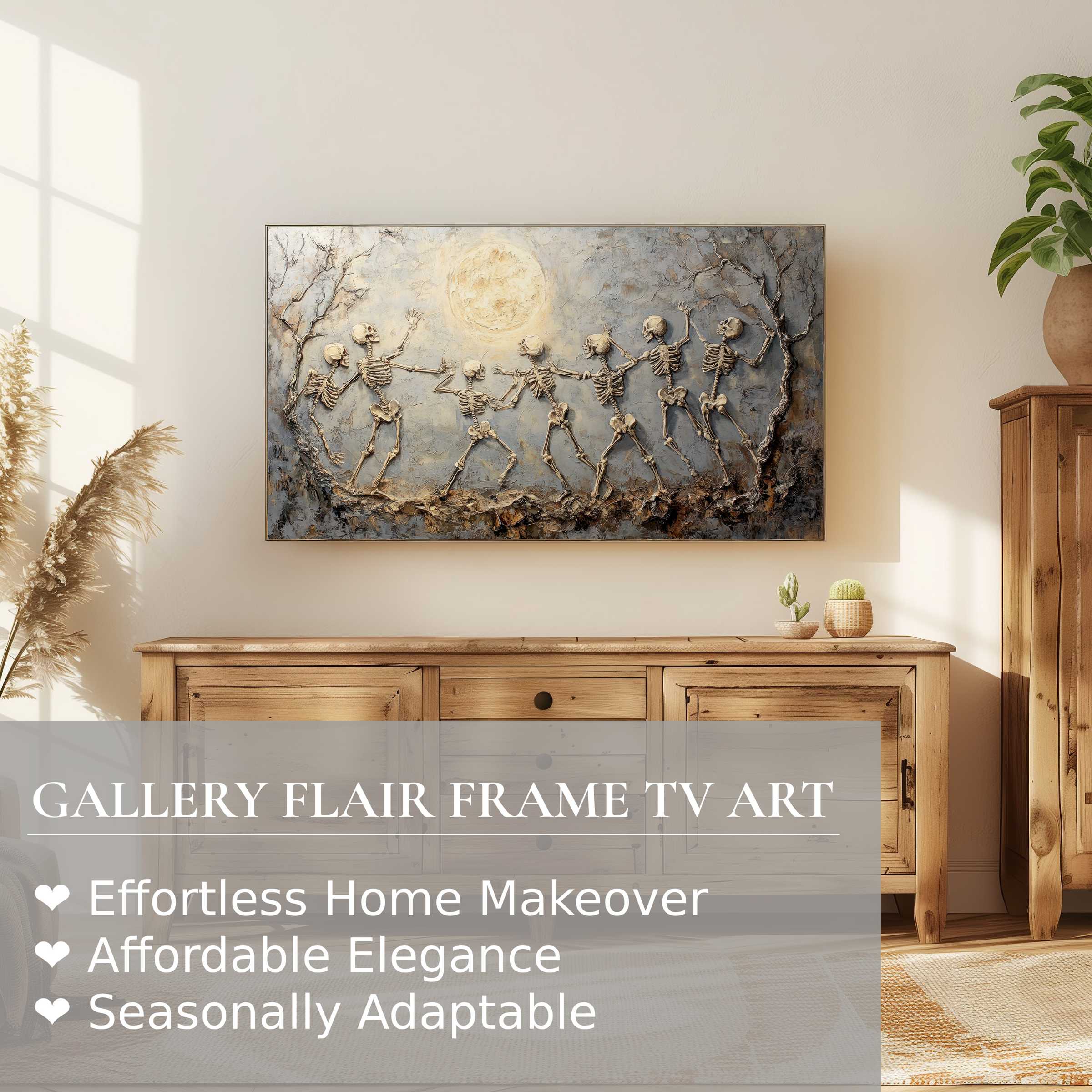 Elegant halloween digital artwork of dancing skeletons in muted tones on Samsung Frame TV in refined living room