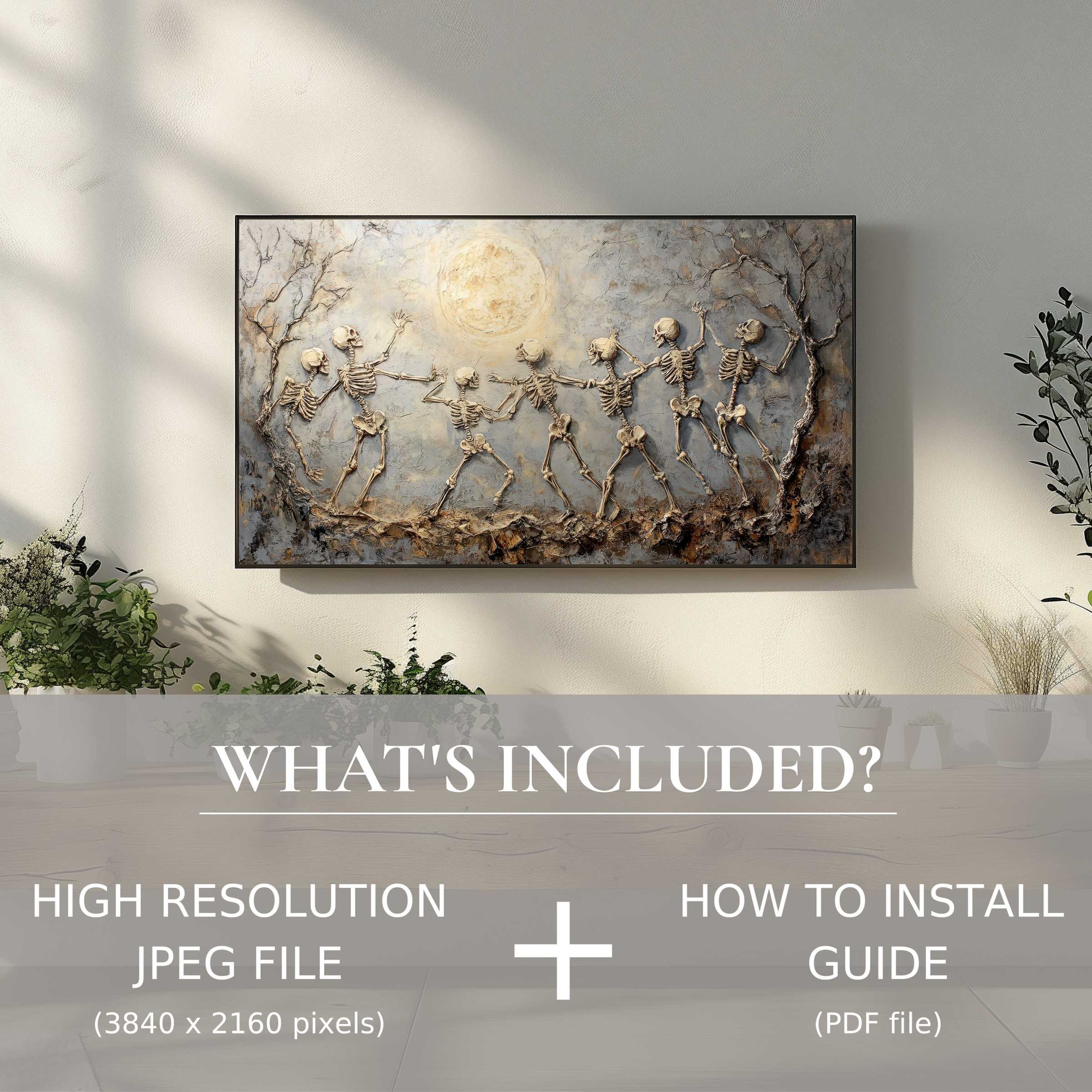 Elegant living room showcasing a Halloween digital TV art download with easy use, enhancing modern decor and ambiance