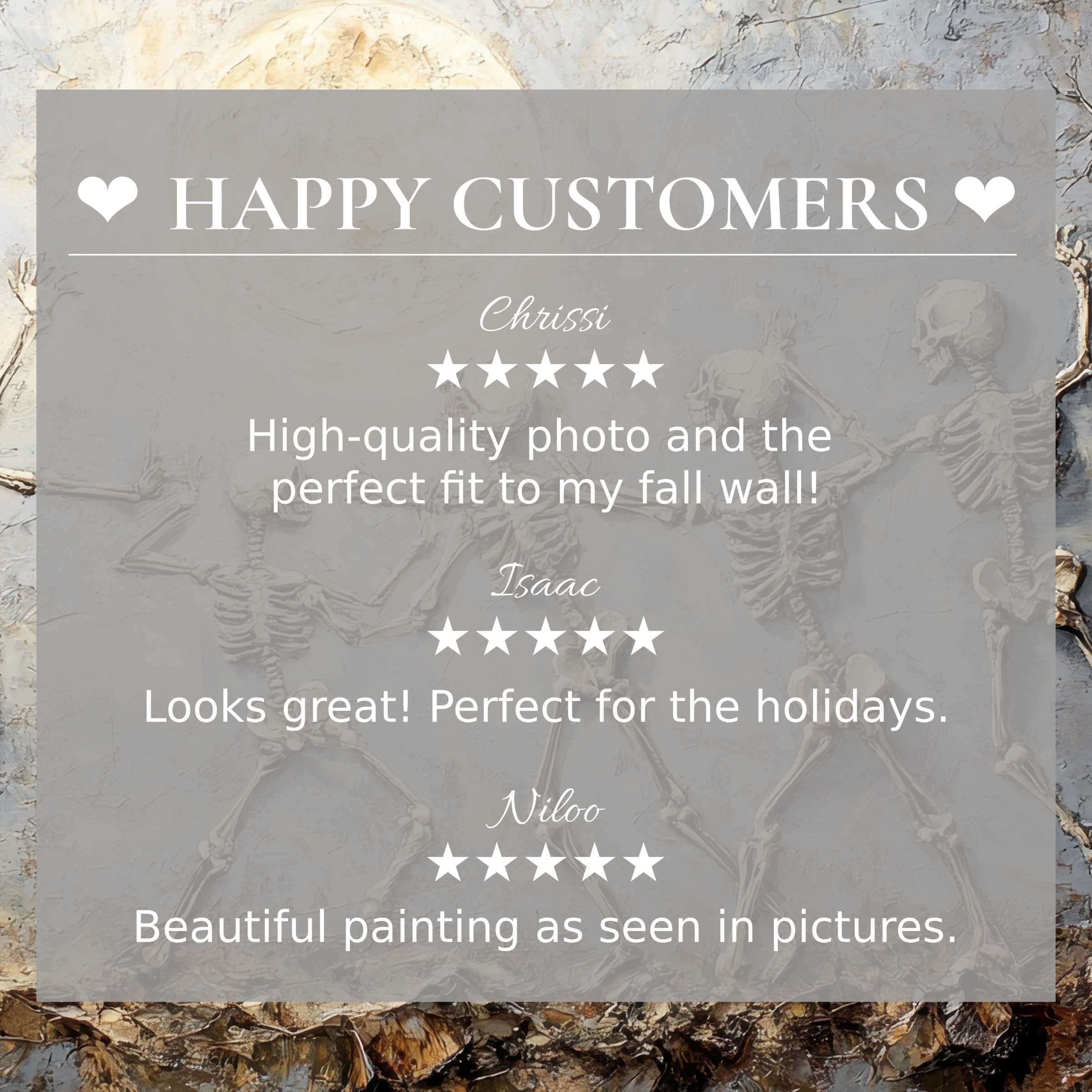 Halloween art for Frame TV with elegant skeleton background, showcasing trust through happy customer reviews and refined style