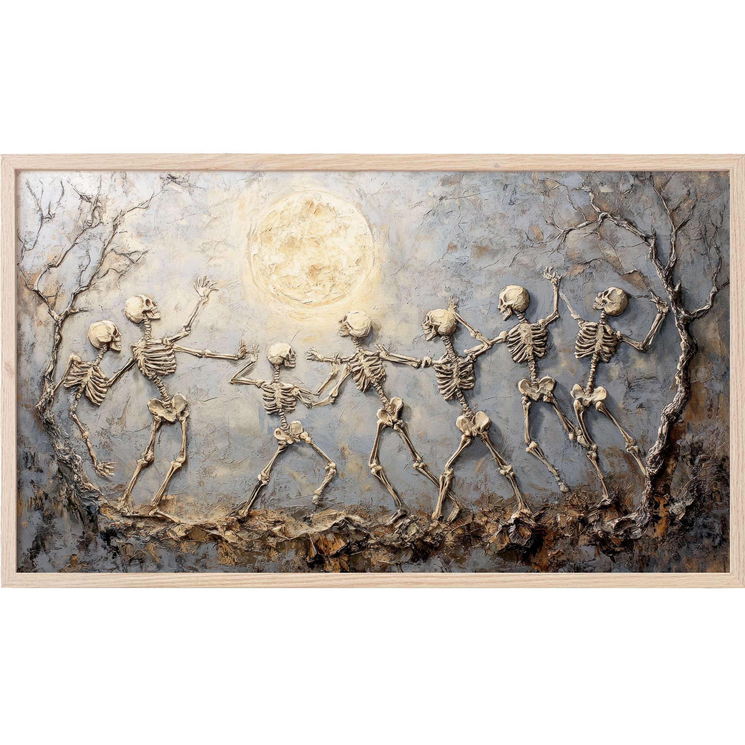 Halloween Frame TV Art showing textured skeletons dancing under a glowing moon in muted grays and warm creams