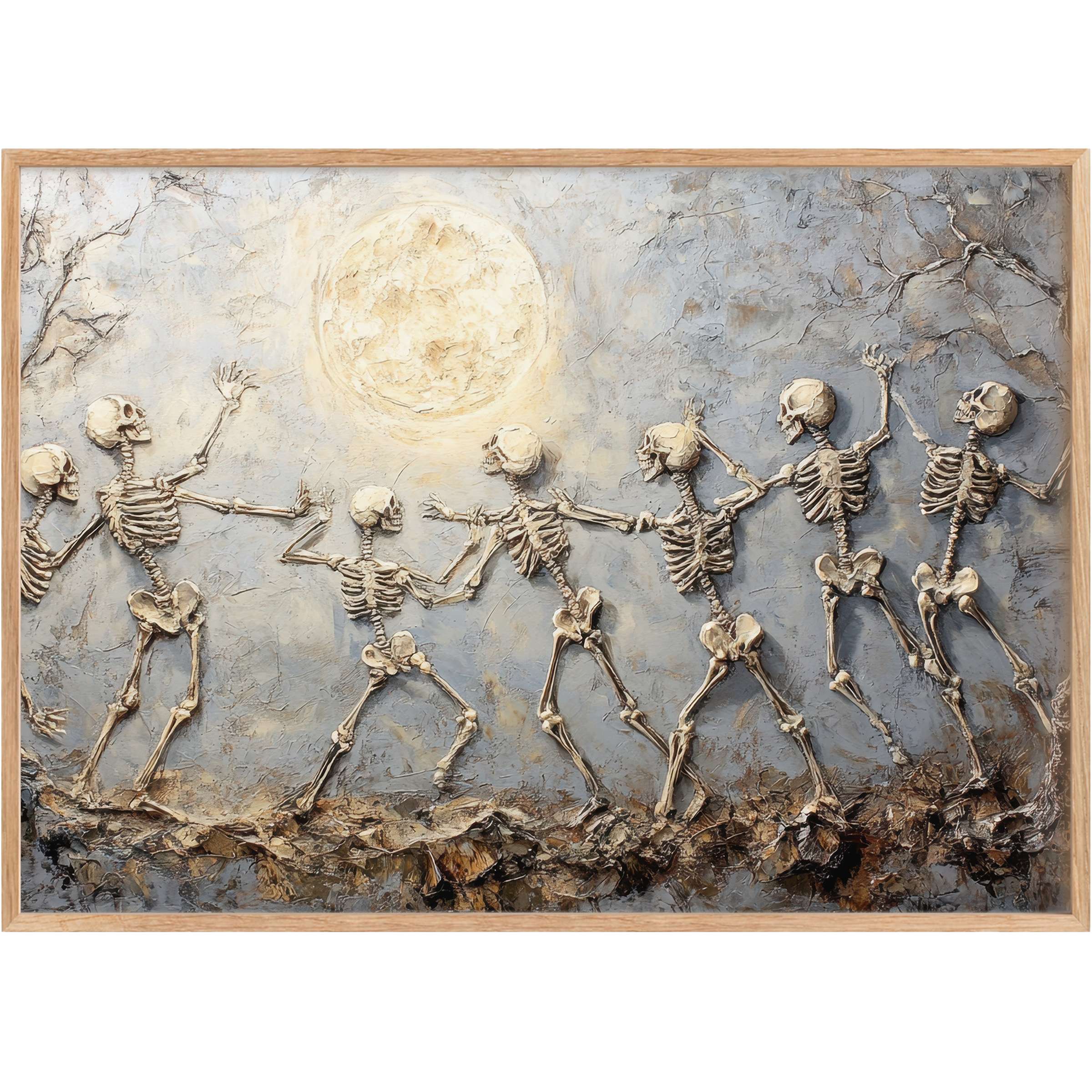 Enchanting halloween printable wall art featuring lively dancing skeletons bathed in soft moonlight, evoking a whimsical, mystical atmosphere with muted grays and warm ivory tones