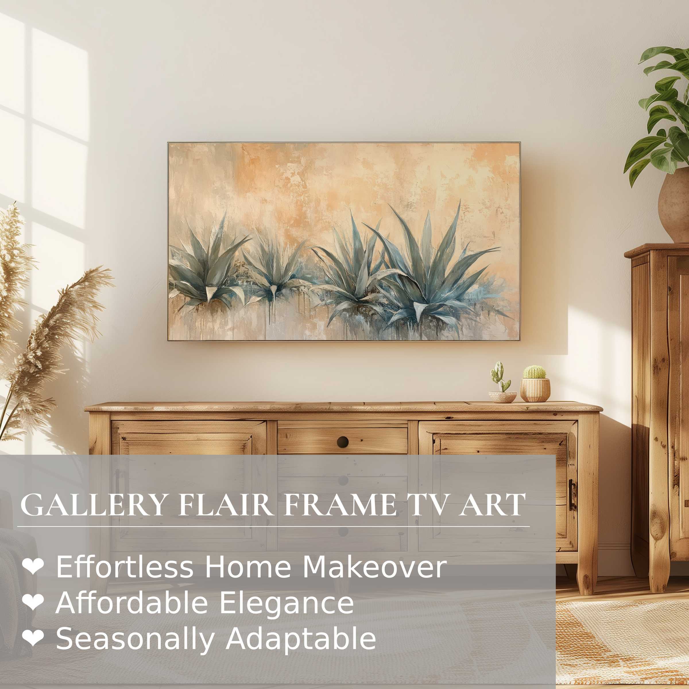 Modern living room with warm wood, Samsung Frame TV displaying botanical digital artwork of soft blue agave plants