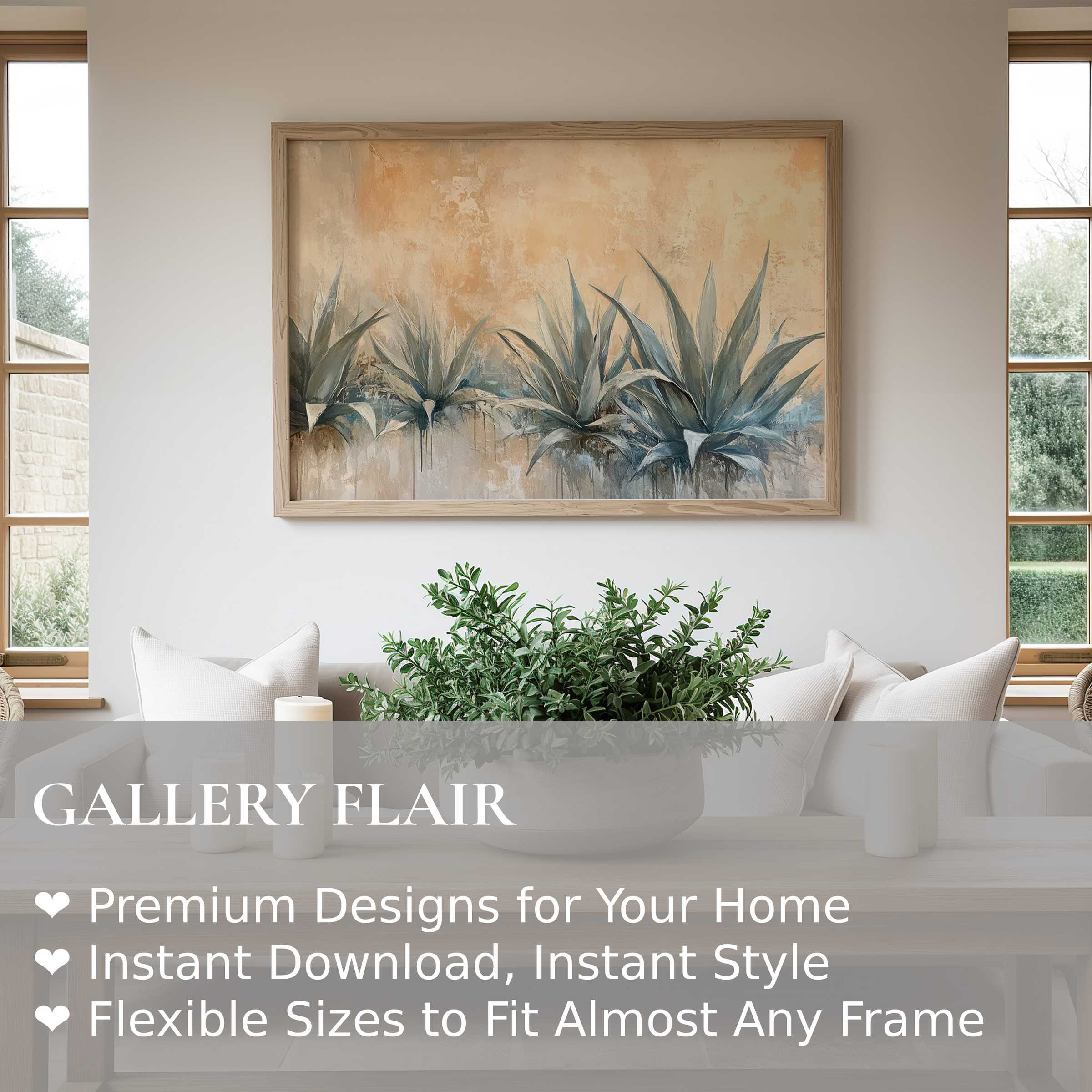 Botanical wall art print featuring serene agave plants in muted tones, enhancing a modern minimalist living space with calming natural elegance