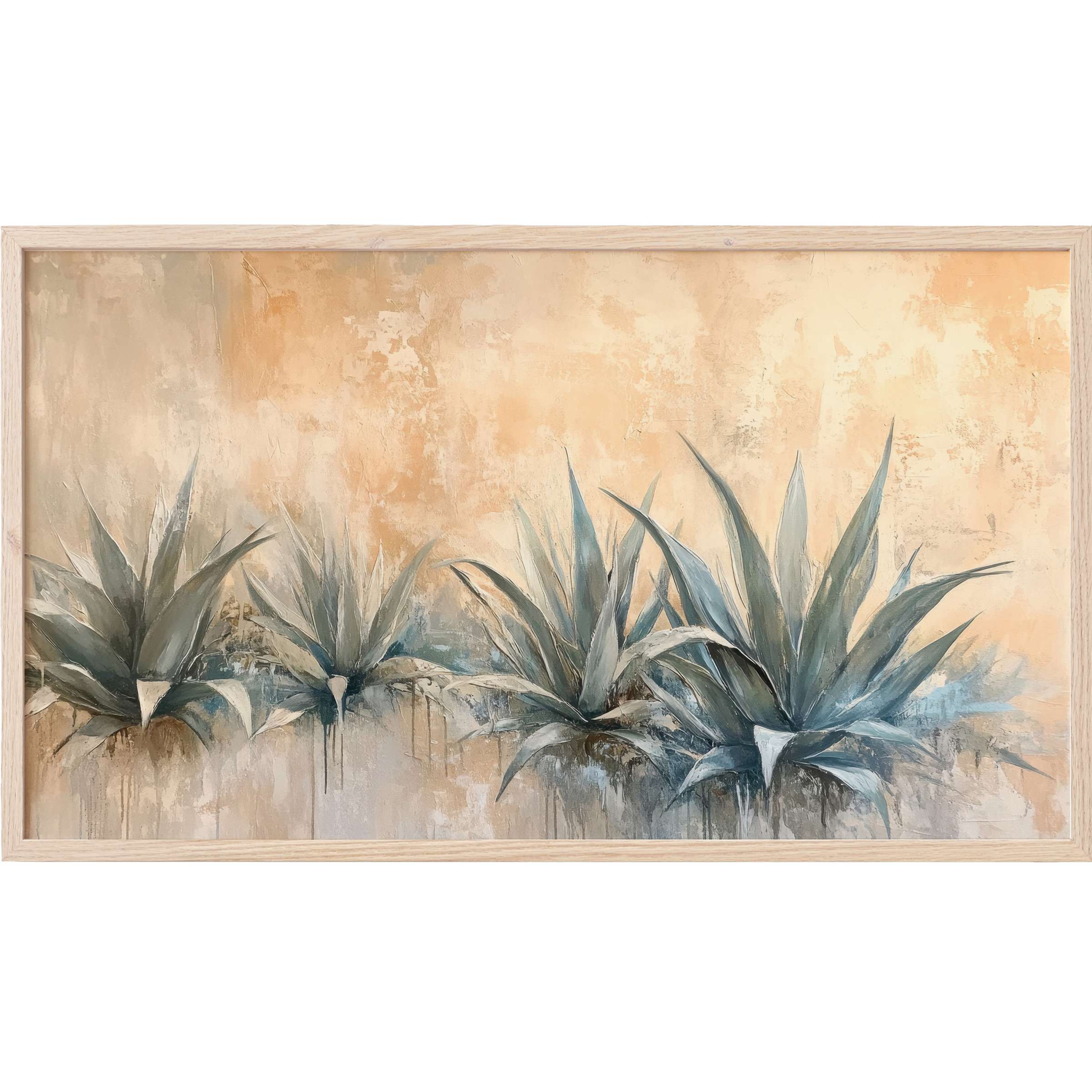 Elegant botanical Frame TV Art with muted blues and warm beige hues in a modern, textured style