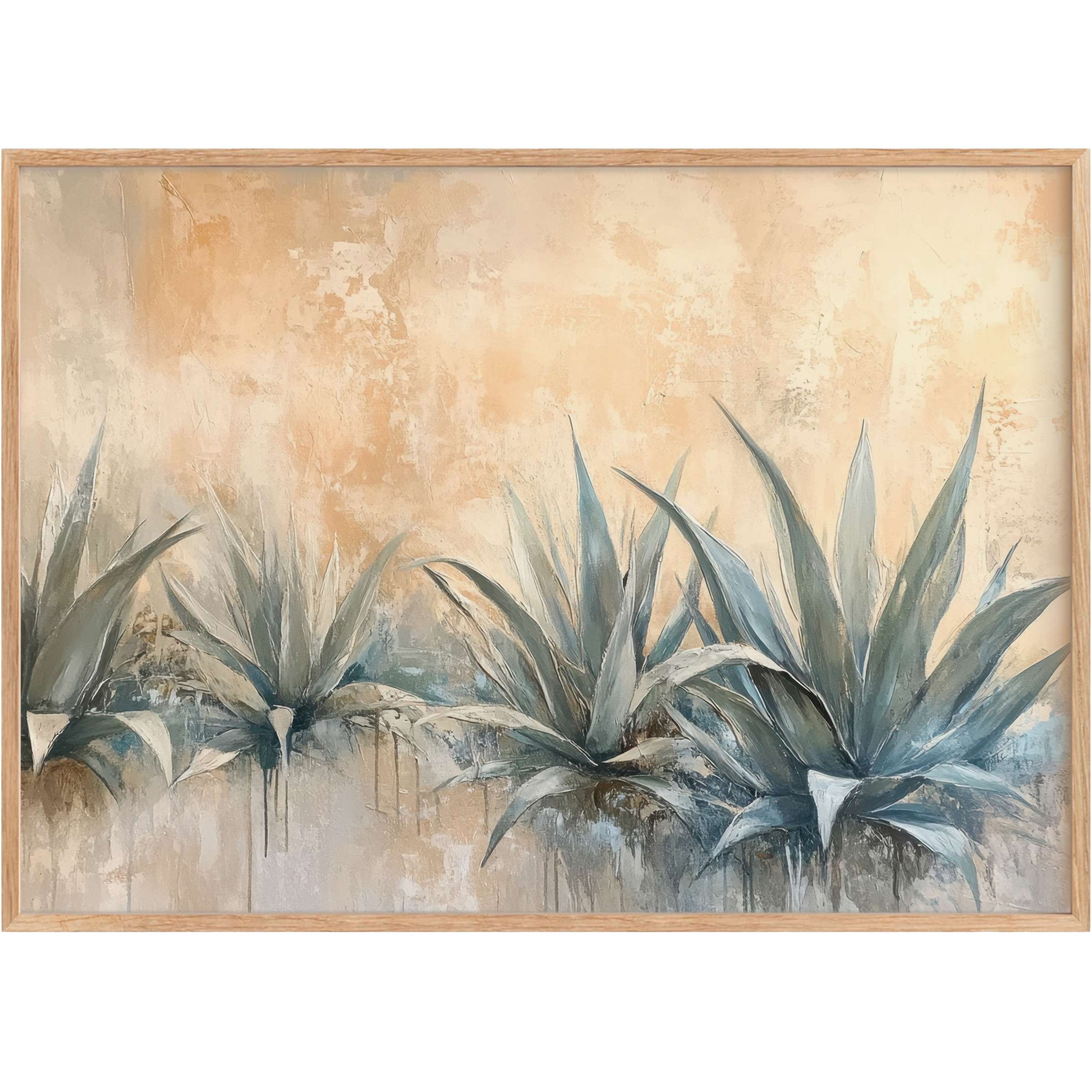 Botanical printable wall art featuring serene blue agave plants against warm beige, evoking a calming, sunlit ambiance