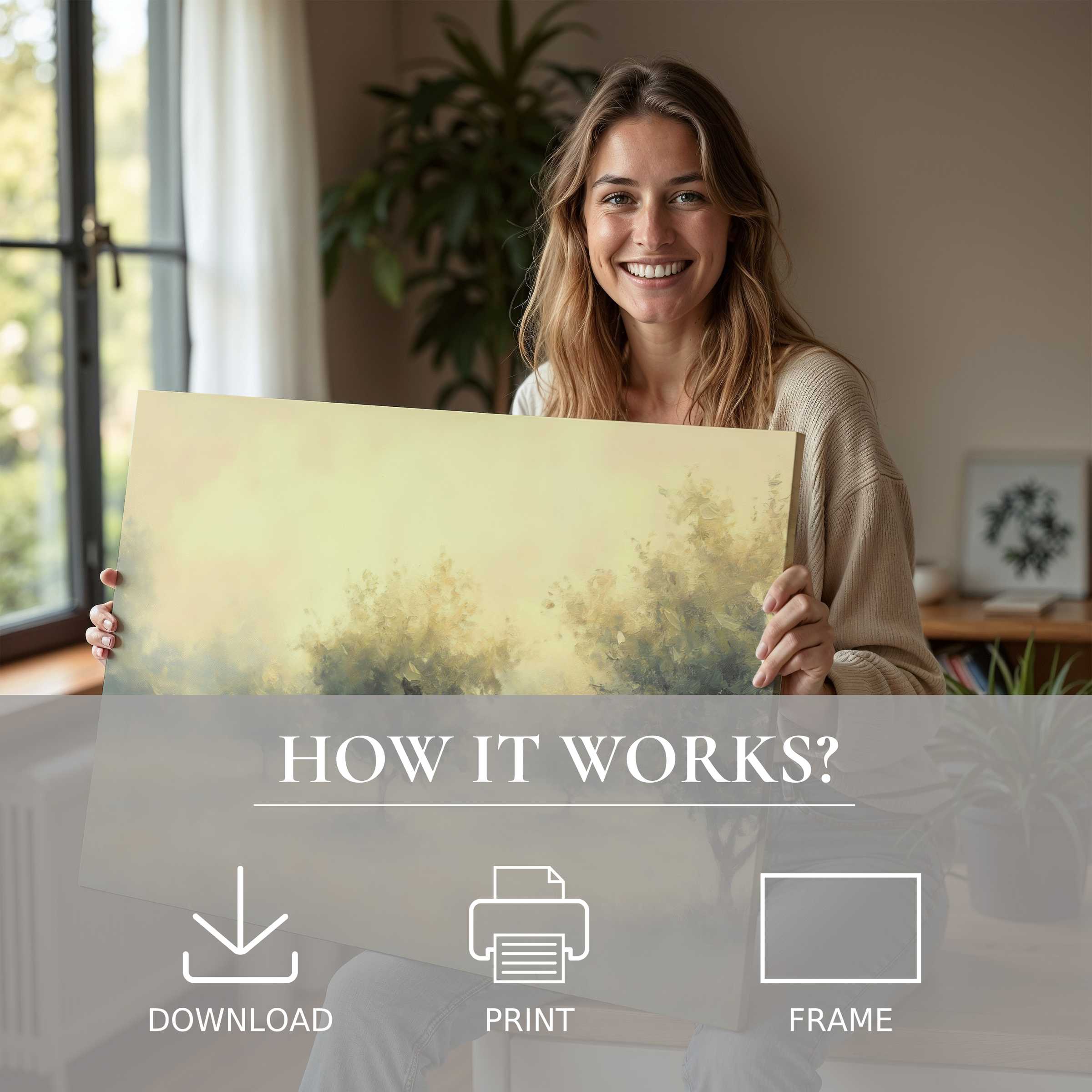 Radiant joy in a modern home as she shares a serene tree digital art print-effortless elegance in living with art