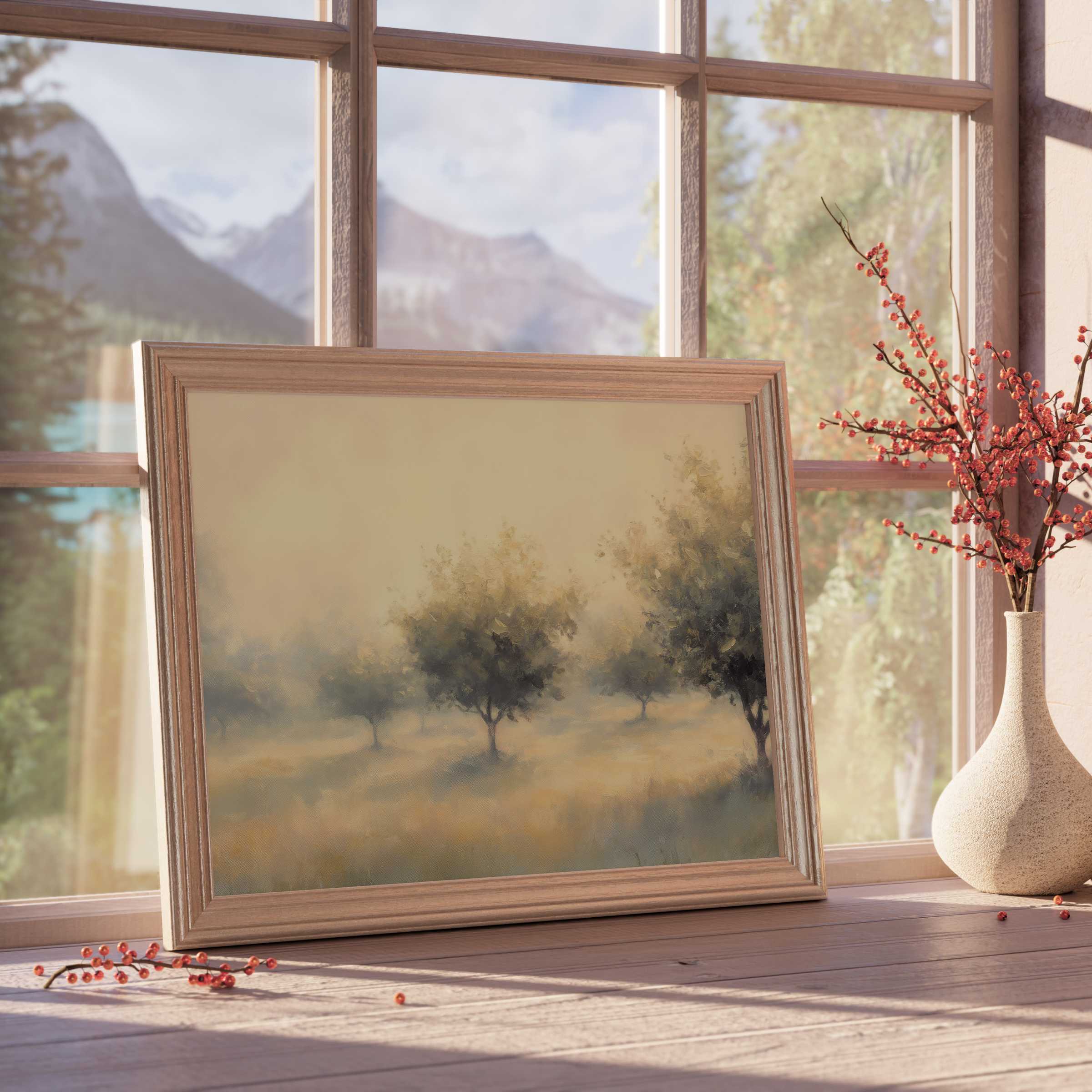 Tranquil tree downloadable art with soft mist, warm earth tones, and serene light, perfect for elegant, curated living spaces